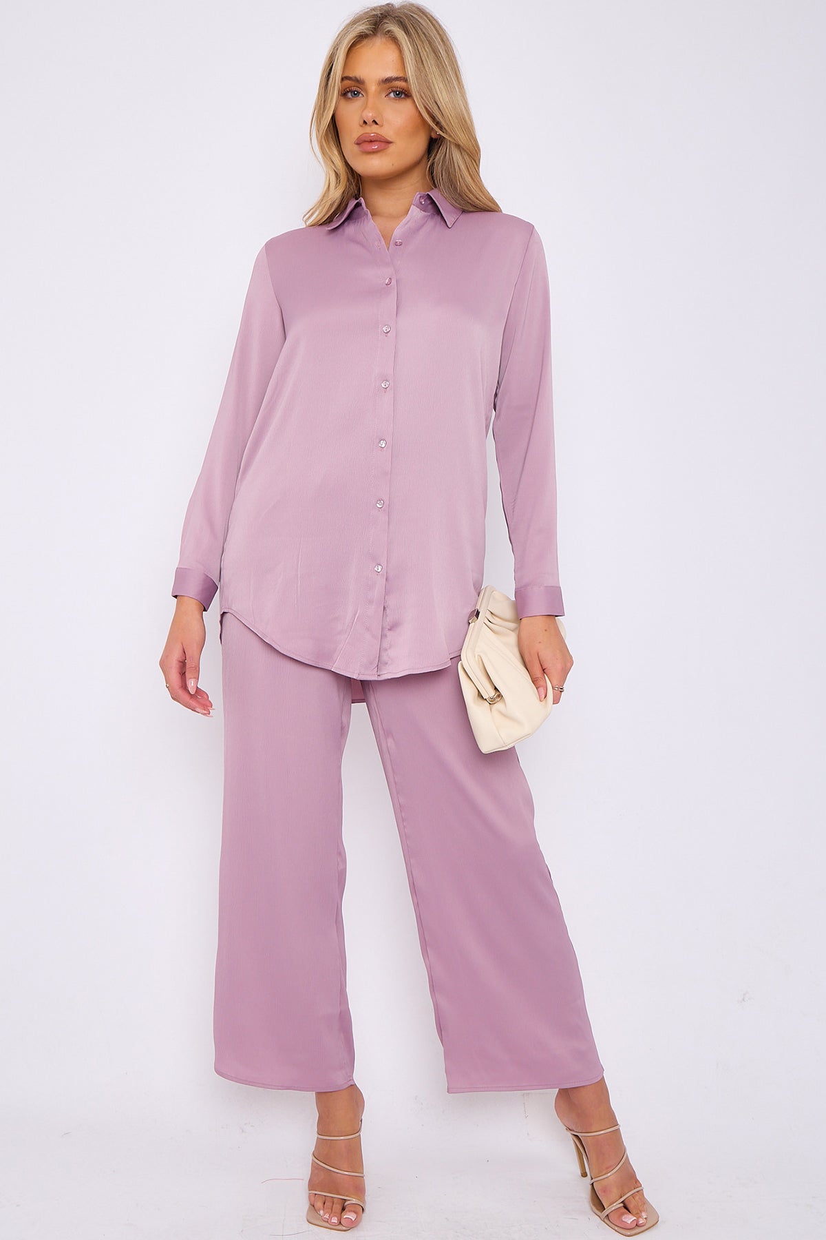 Dusty Pink Crepe Satin Co-ord Shirt and Trousers Set