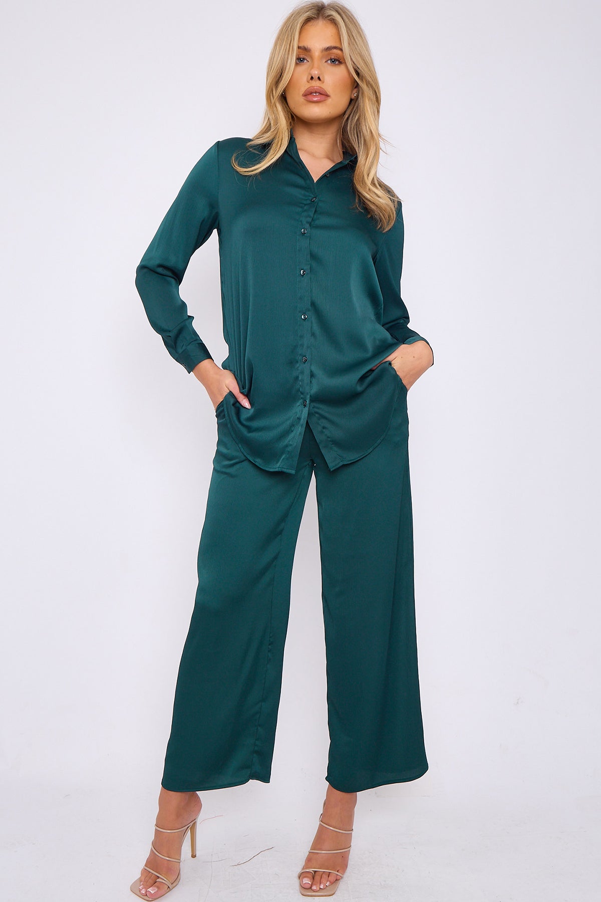 Bottle Green Crepe Satin Co-ord Shirt and Trousers Set