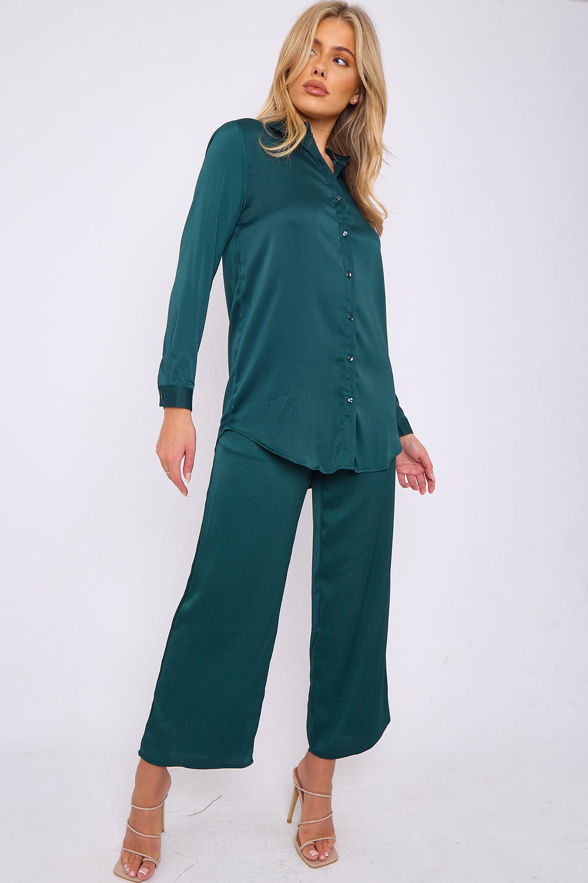 Bottle Green Crepe Satin Co-ord Shirt and Trousers Set