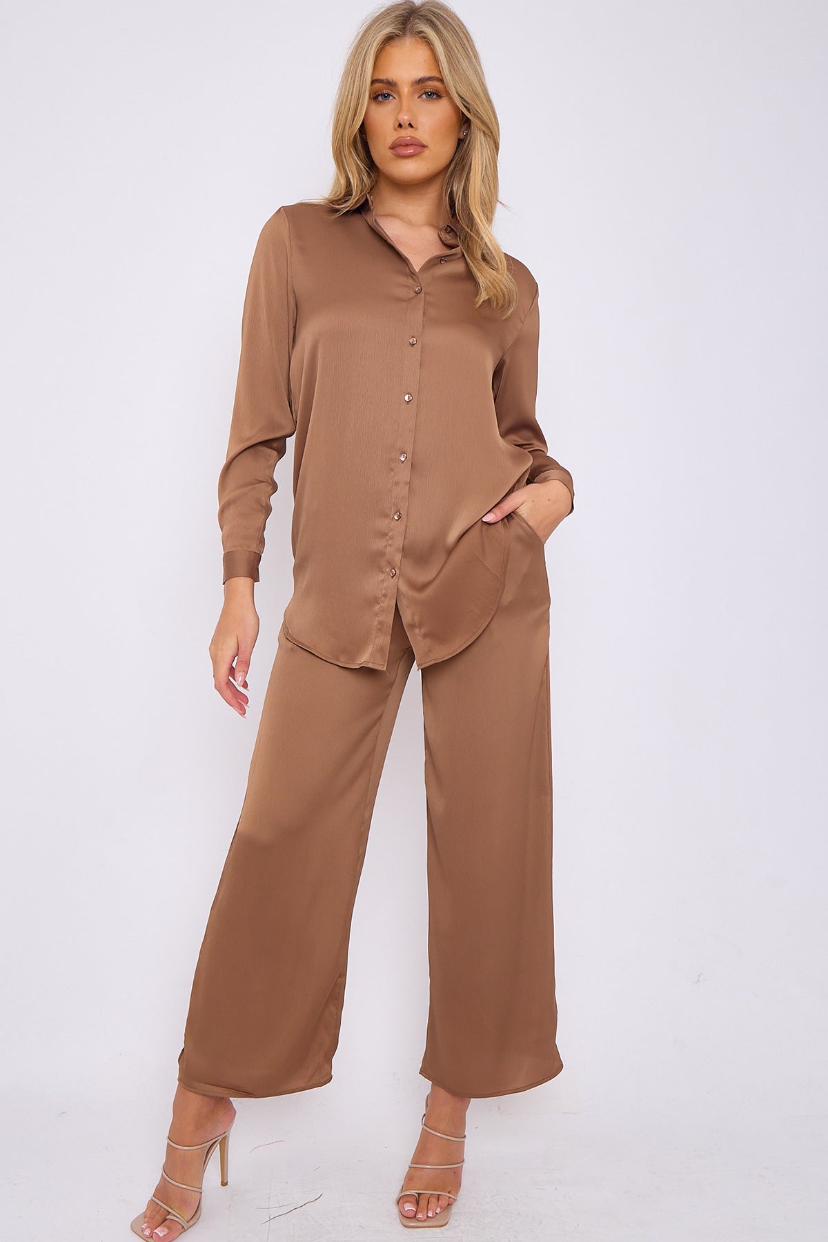 Chestnut Crepe Satin Co-ord Shirt and Trousers Set