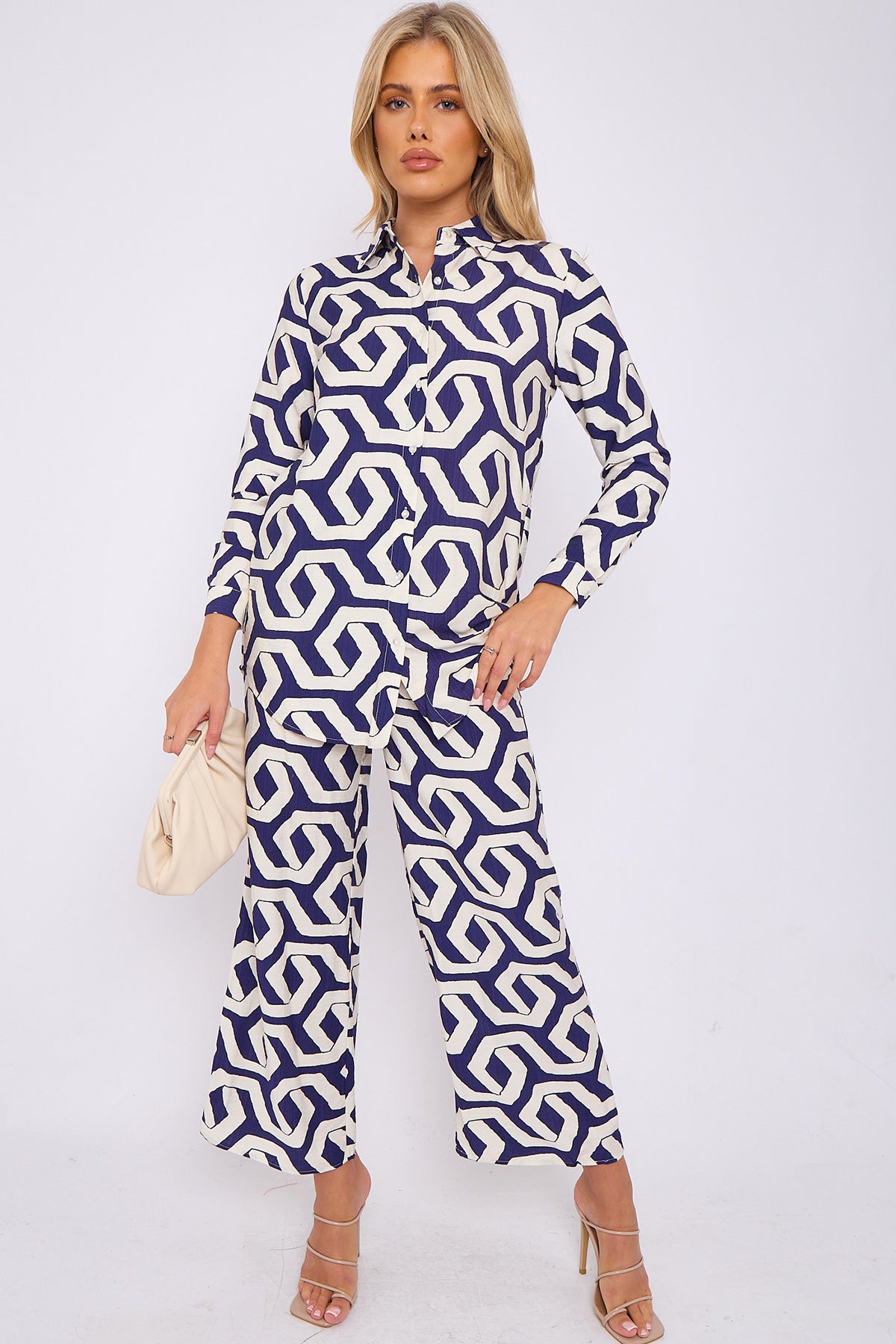 Navy Geometric Print Co-ord Shirt and Trousers Set