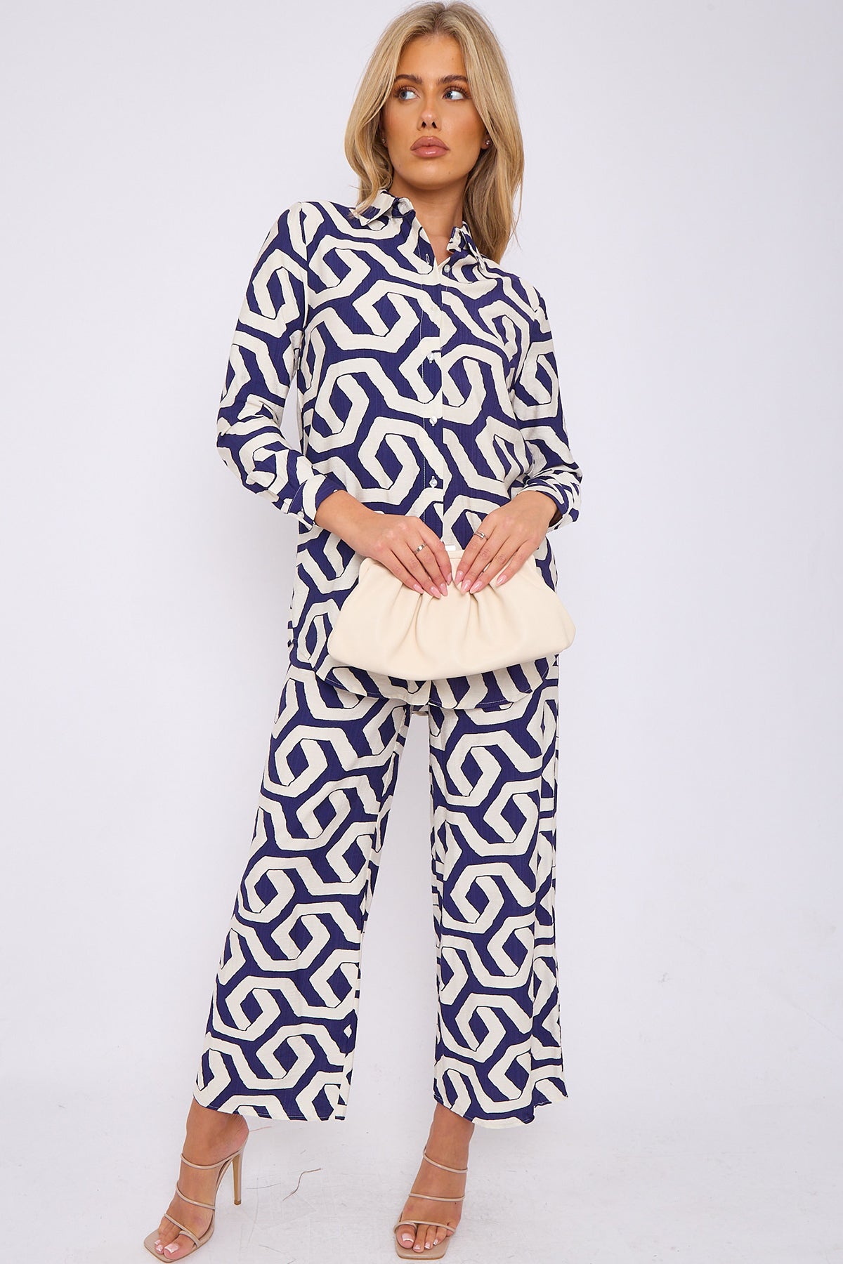 Navy Geometric Print Co-ord Shirt and Trousers Set