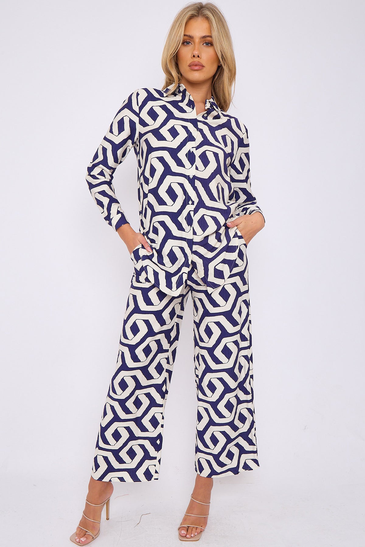 Navy Geometric Print Co-ord Shirt and Trousers Set