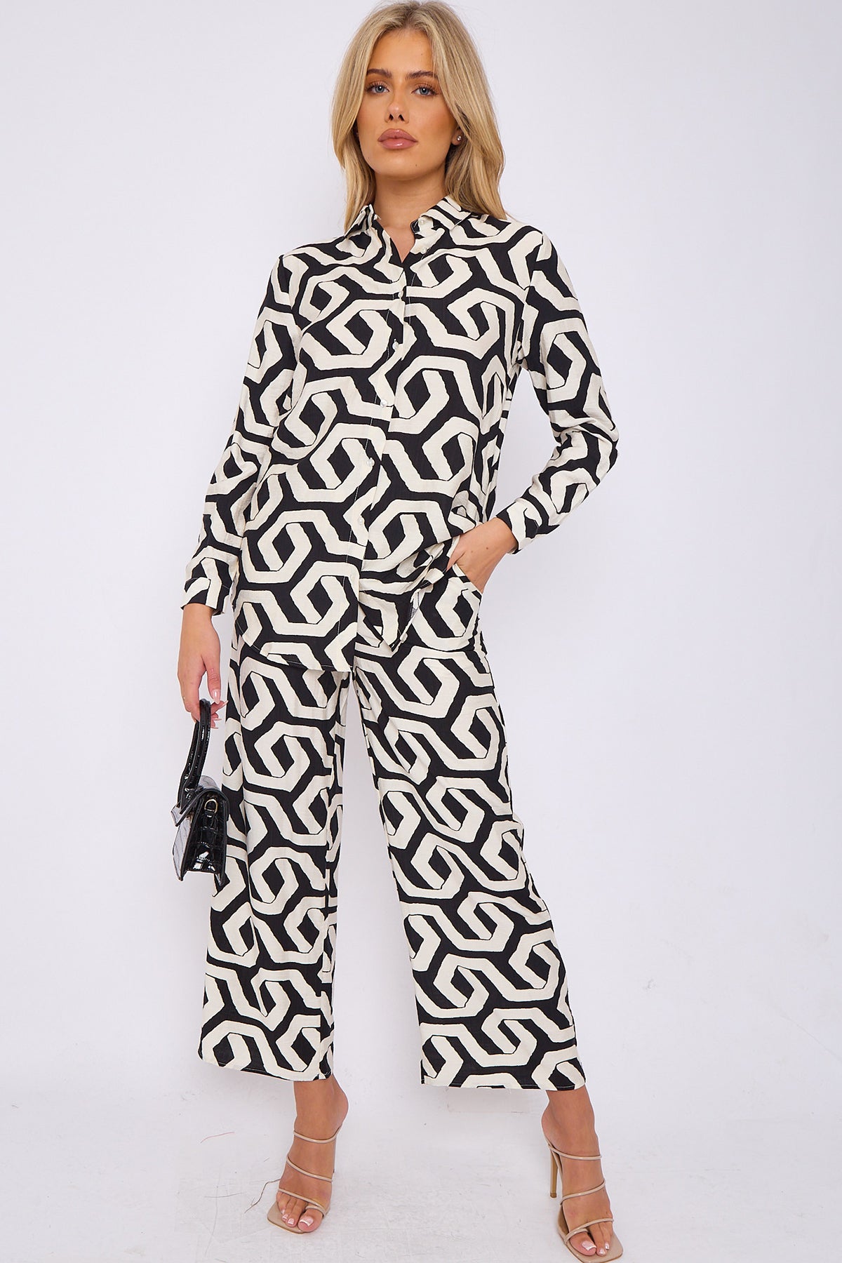 Black Geometric Print Co-ord Shirt and Trousers Set