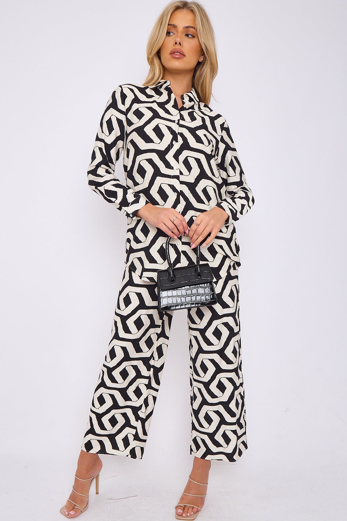 Black Geometric Print Co-ord Shirt and Trousers Set