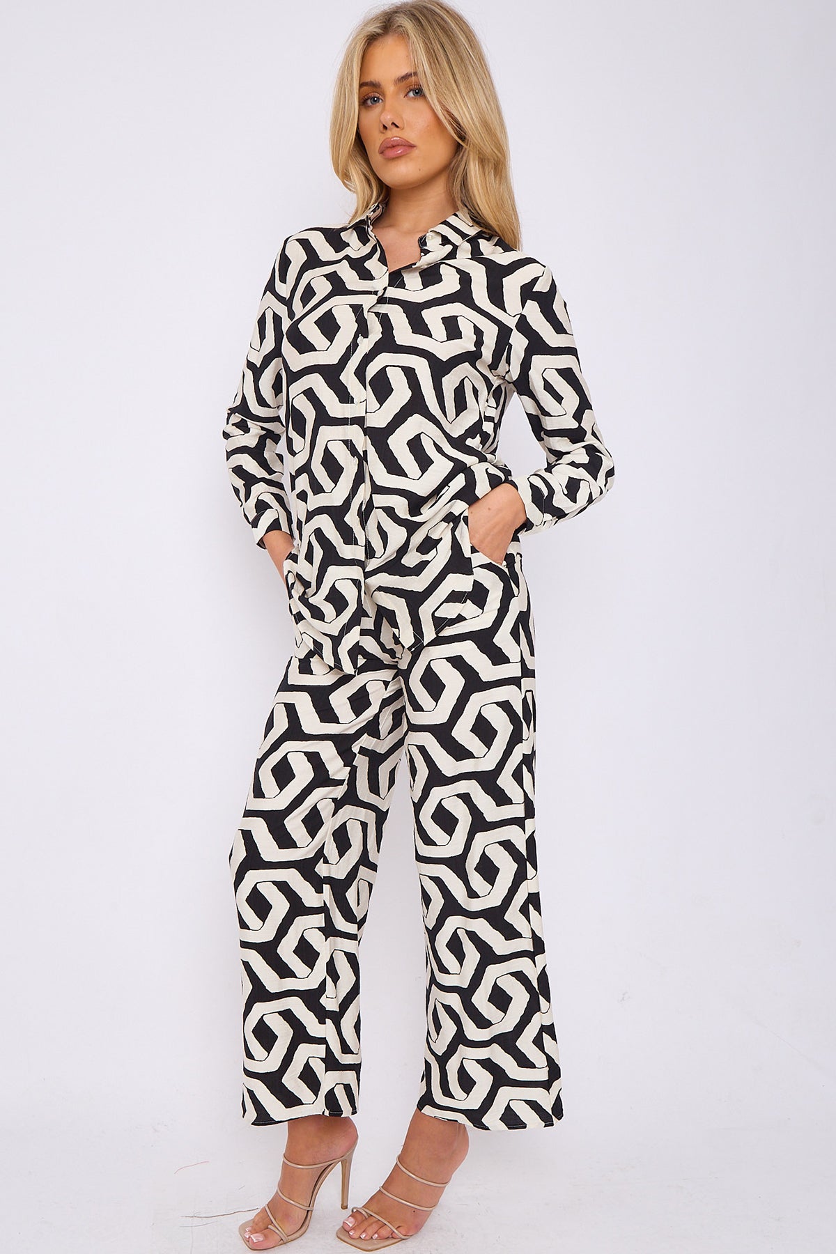 Black Geometric Print Co-ord Shirt and Trousers Set