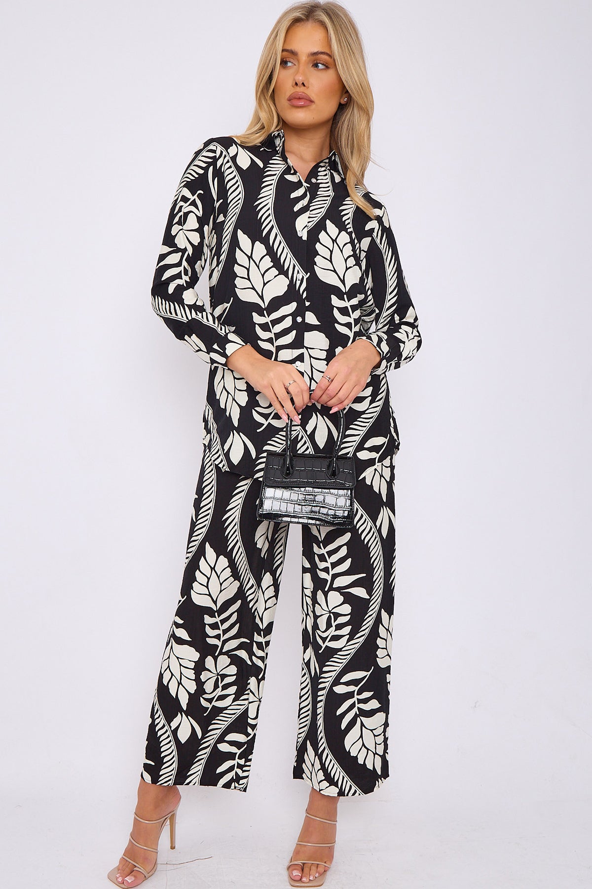 Black Floral Pattern Print Co-ord Shirt and Trousers Set