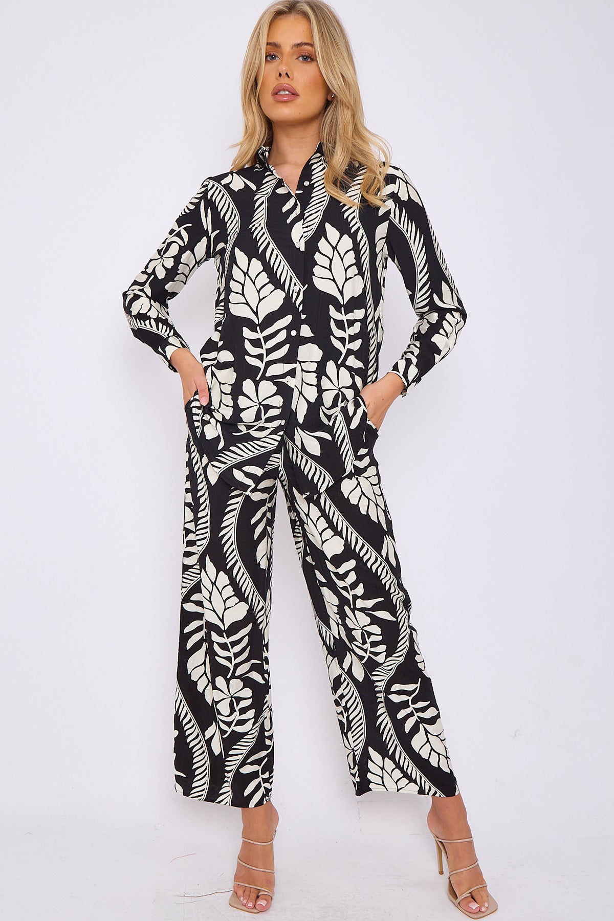 Black Floral Pattern Print Co-ord Shirt and Trousers Set