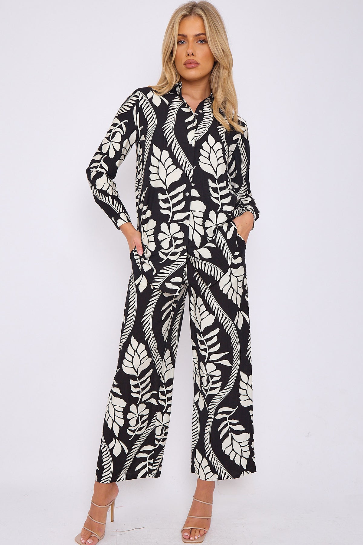 Black Floral Pattern Print Co-ord Shirt and Trousers Set