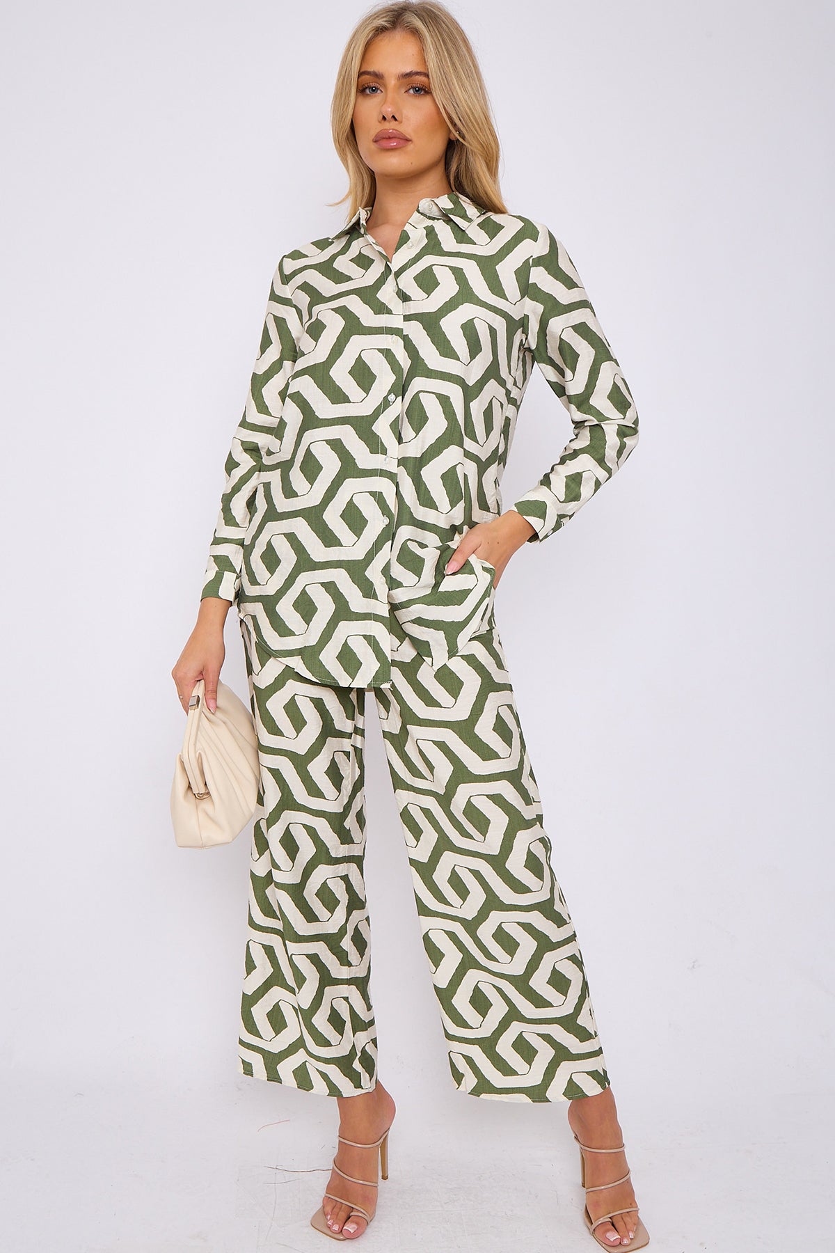 Green Geometric Print Co-ord Shirt and Trousers Set