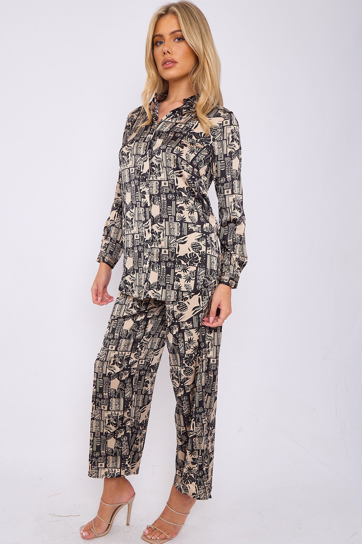 Beige and Black Graphic Print Co-ord Shirt and Trousers Set