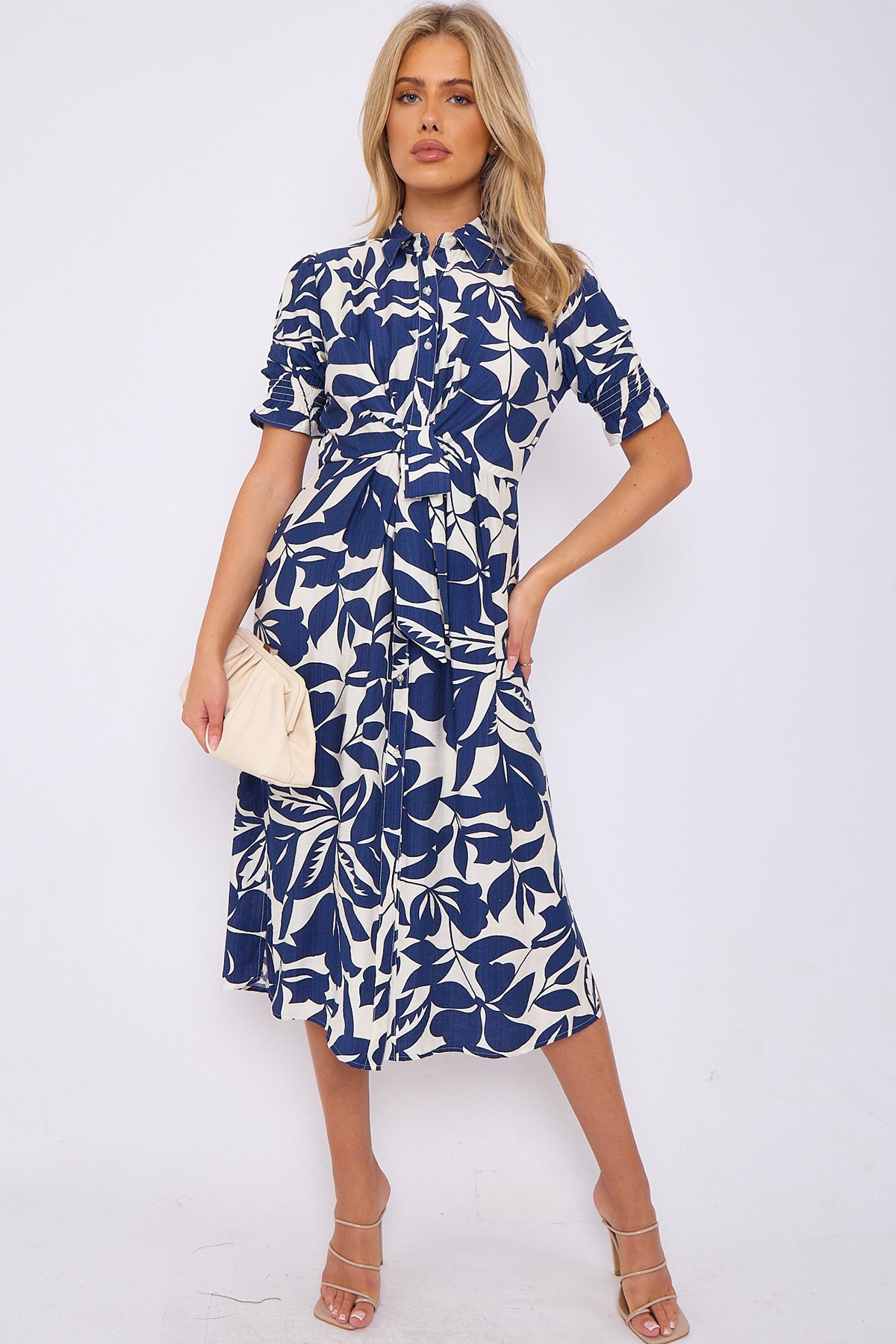 Navy Floral Print Baloon Sleeve Knot Waist Midi Dress