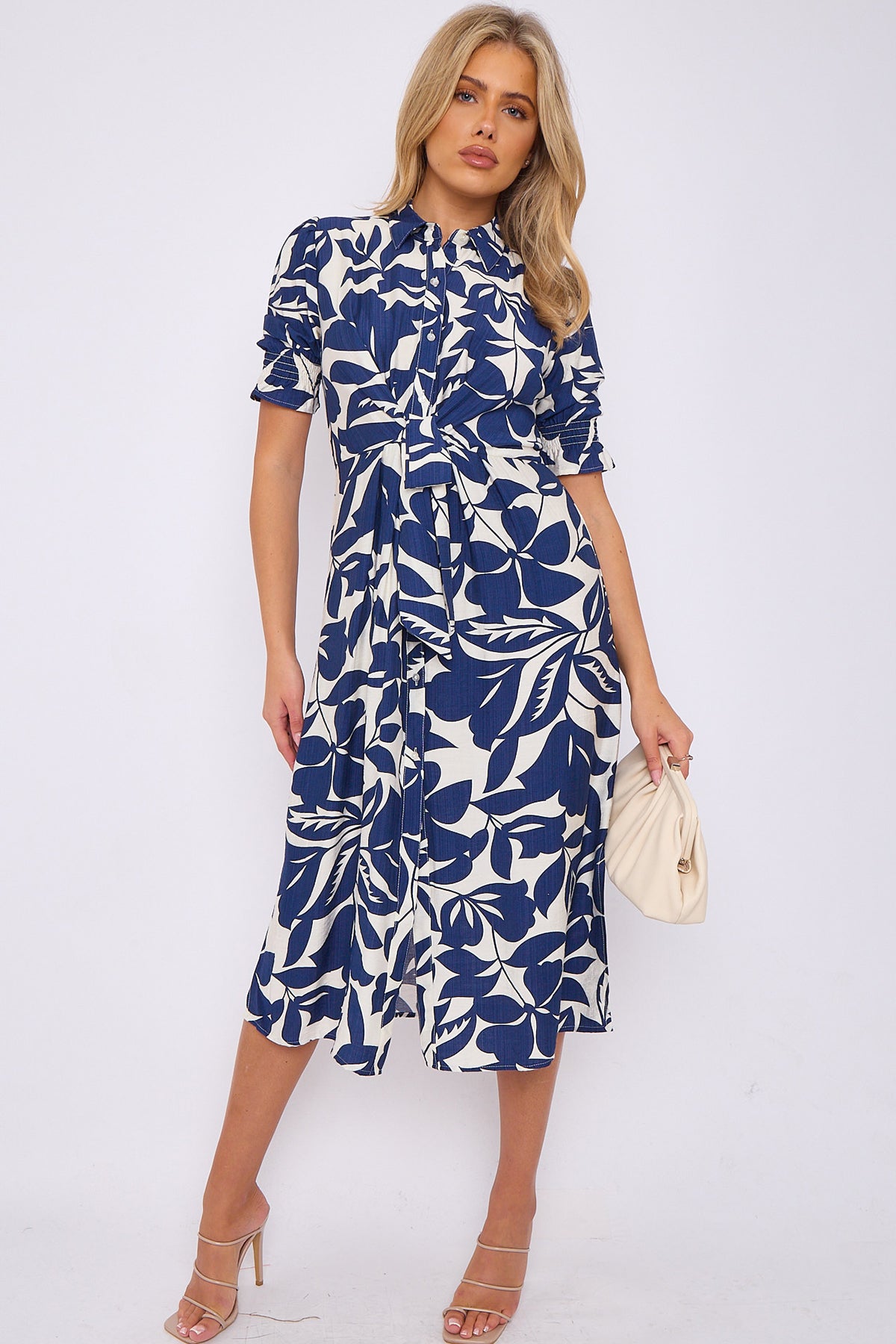 Navy Floral Print Baloon Sleeve Knot Waist Midi Dress