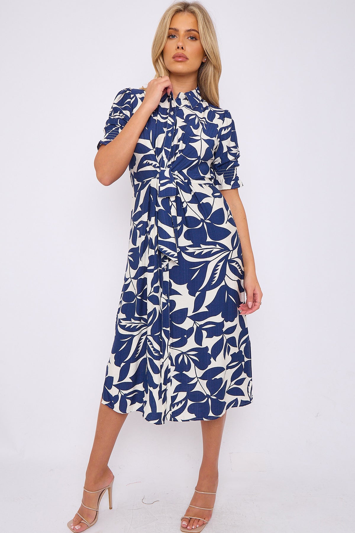 Navy Floral Print Baloon Sleeve Knot Waist Midi Dress