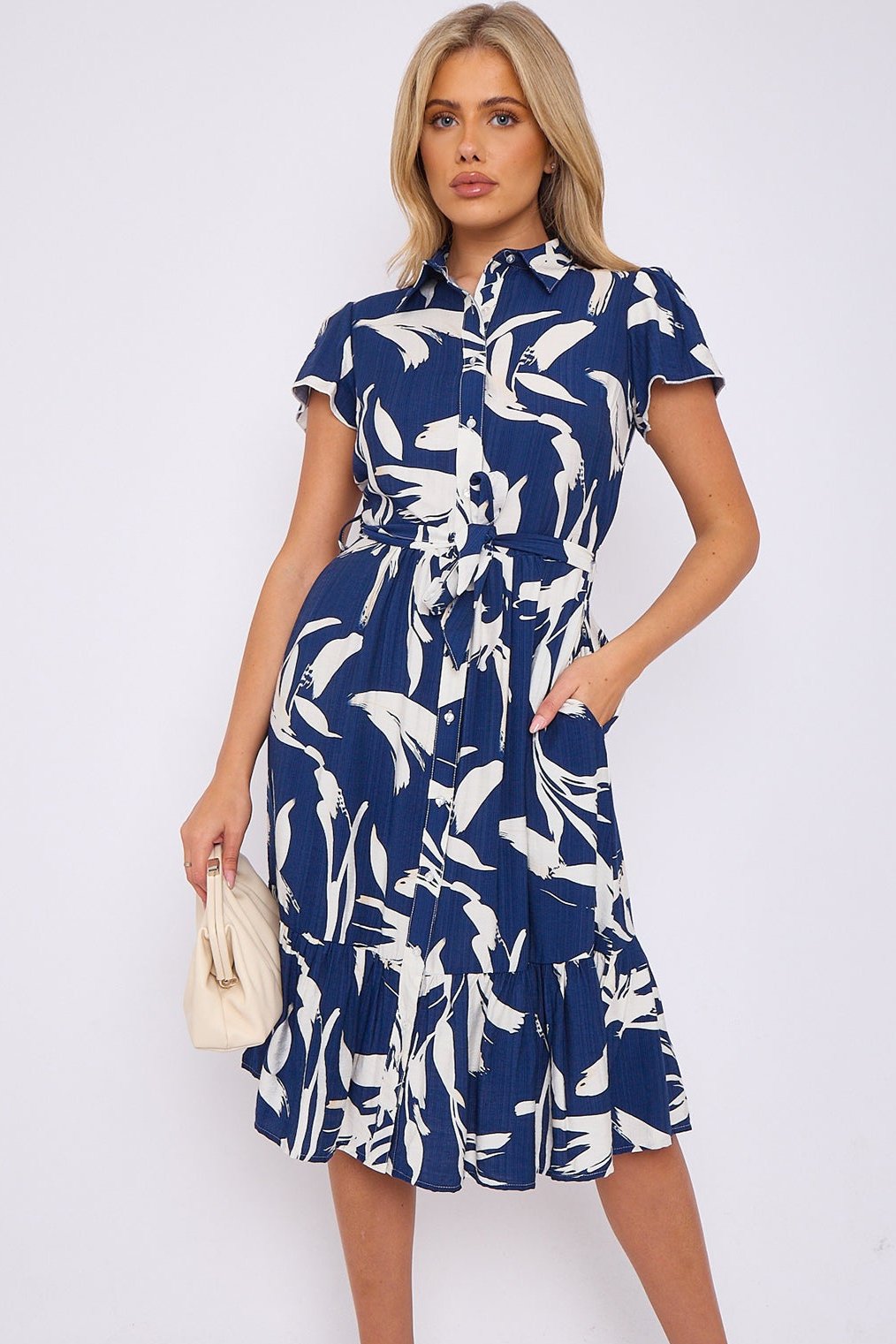 Blue Abstract Leaf Printed Frilled Hem Midi Dress