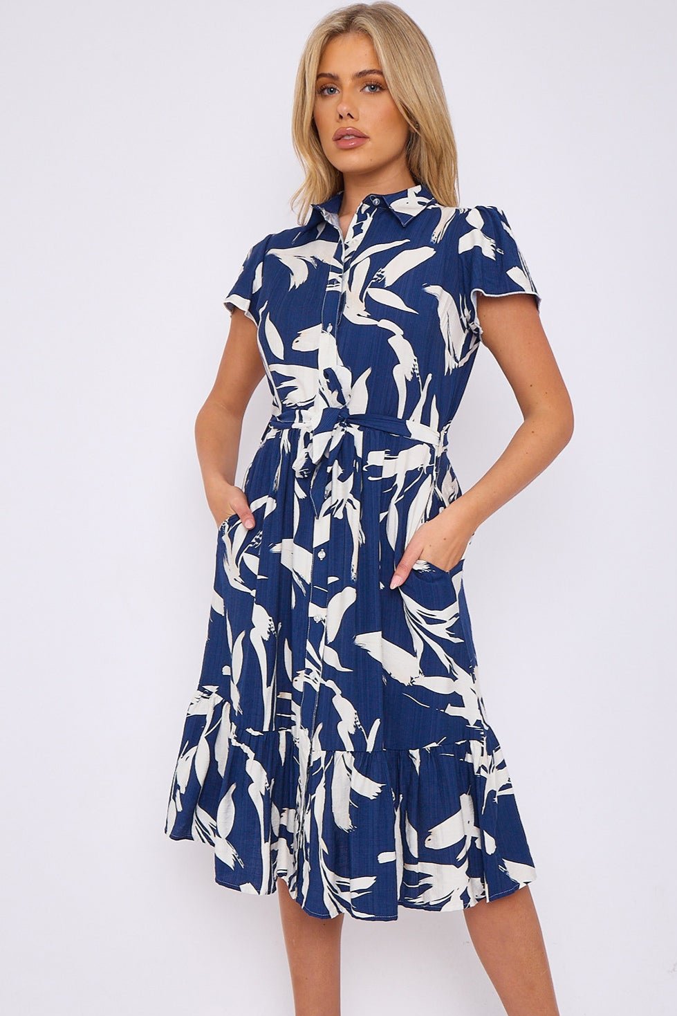 Blue Abstract Leaf Printed Frilled Hem Midi Dress