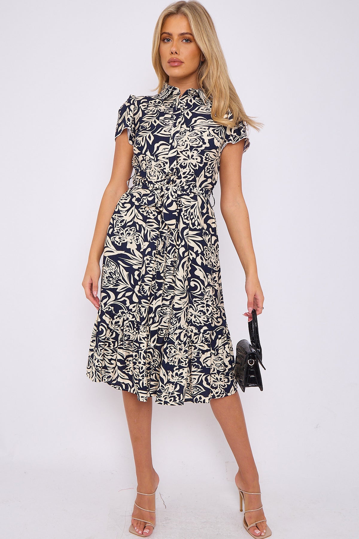 Dark Navy Floral Printed  Frilled Hem Midi Dress