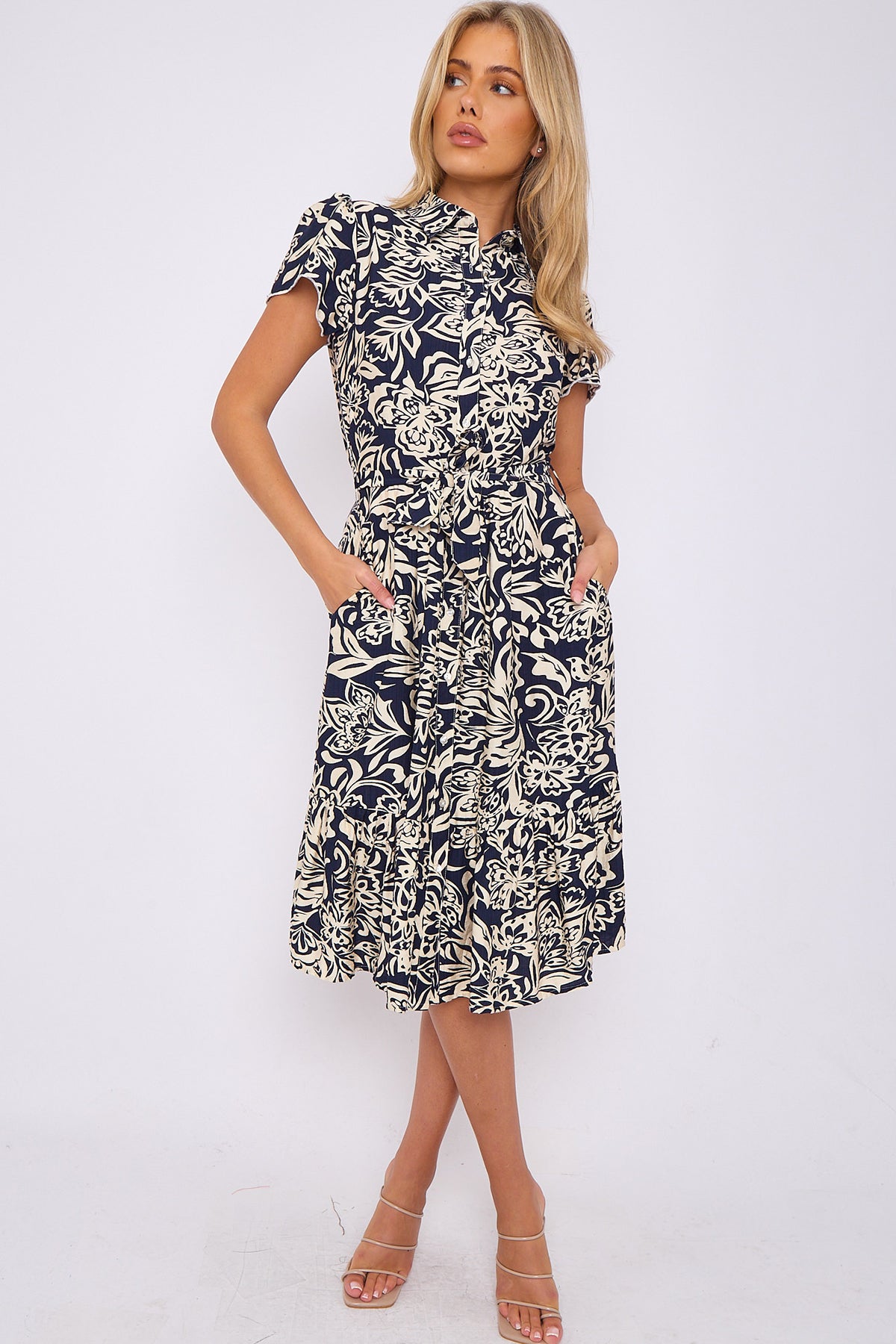 Dark Navy Floral Printed  Frilled Hem Midi Dress