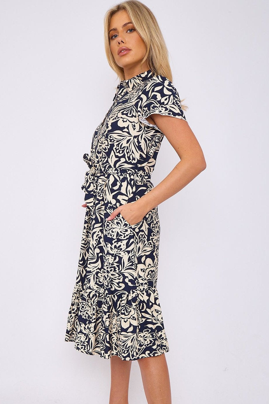 Dark Navy Floral Printed  Frilled Hem Midi Dress