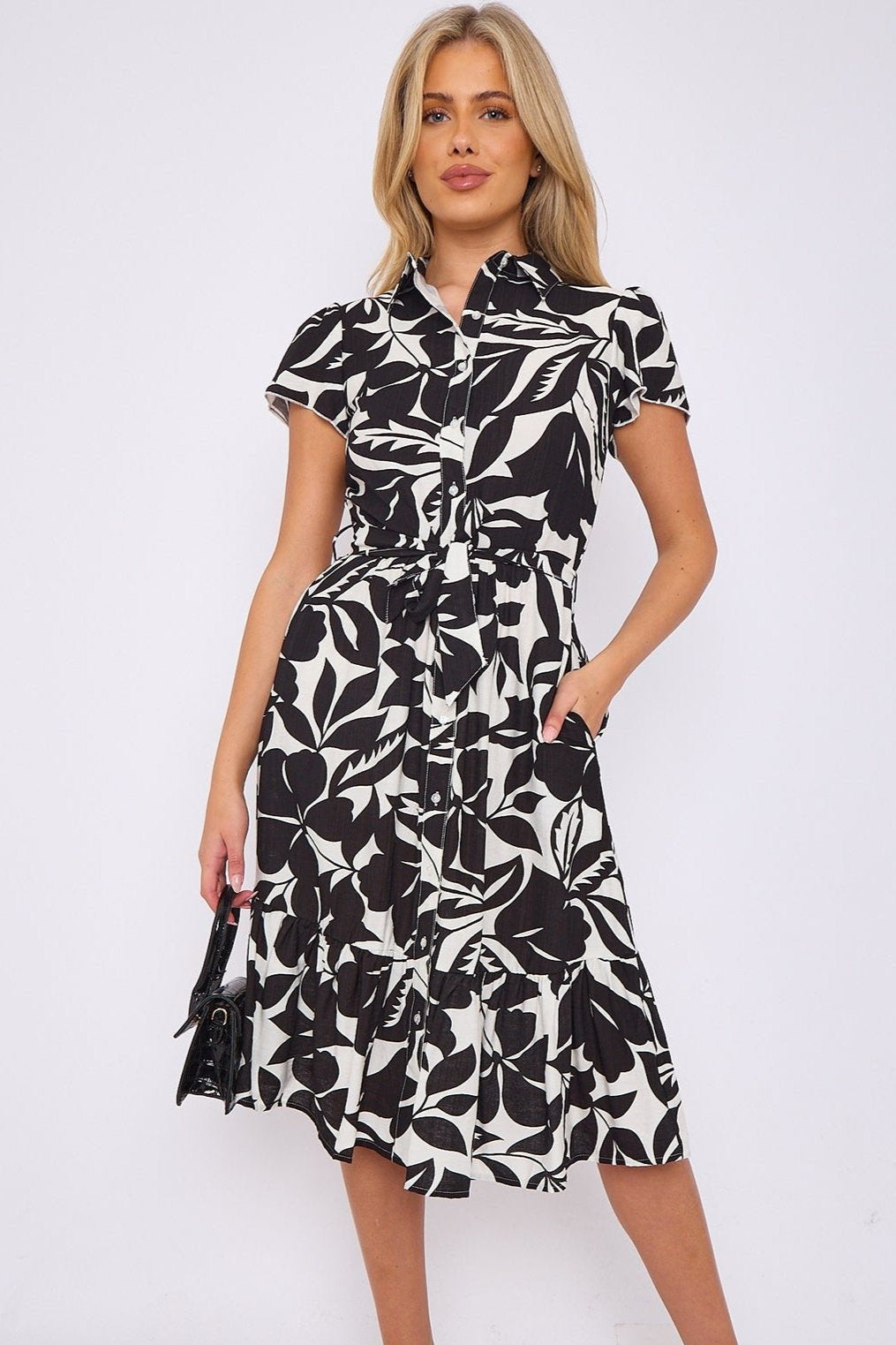 Black Leaf Printed Frilled Hem Midi Dress