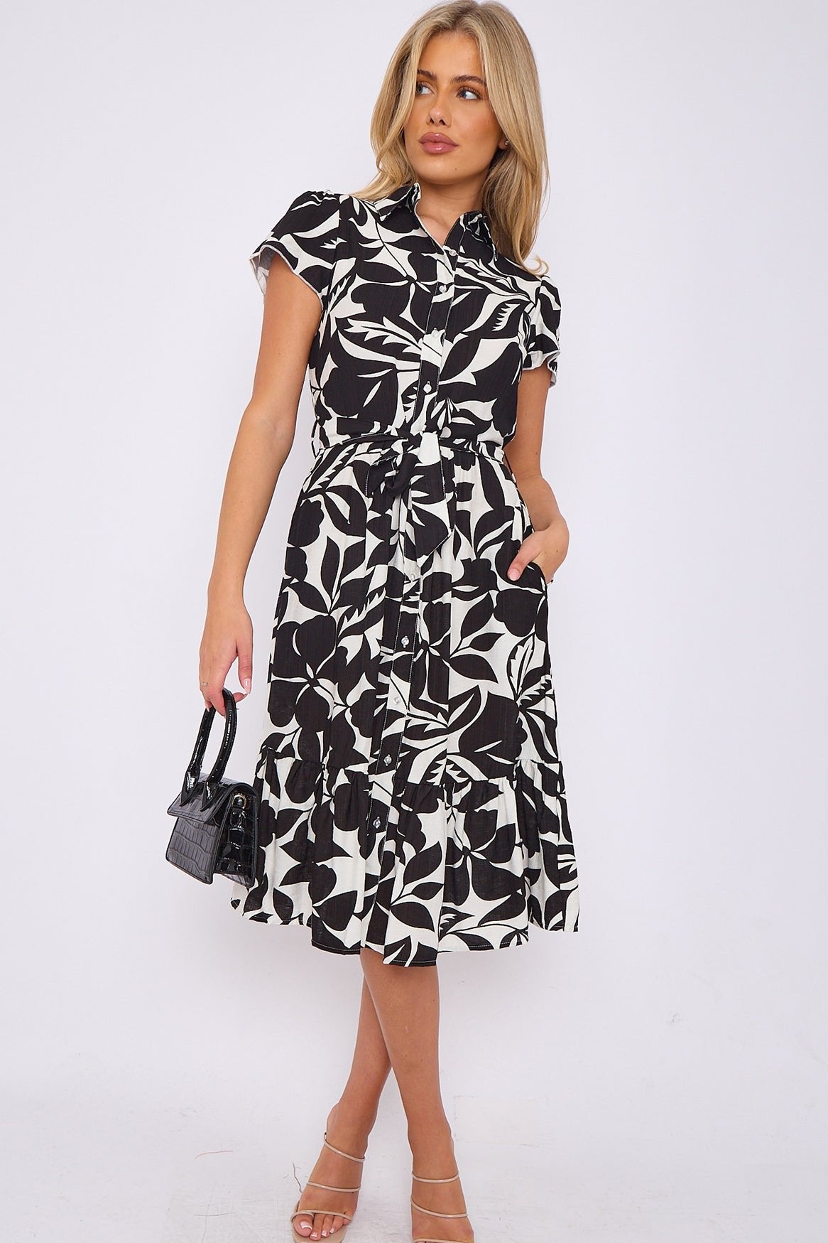 Black Leaf Printed Frilled Hem Midi Dress