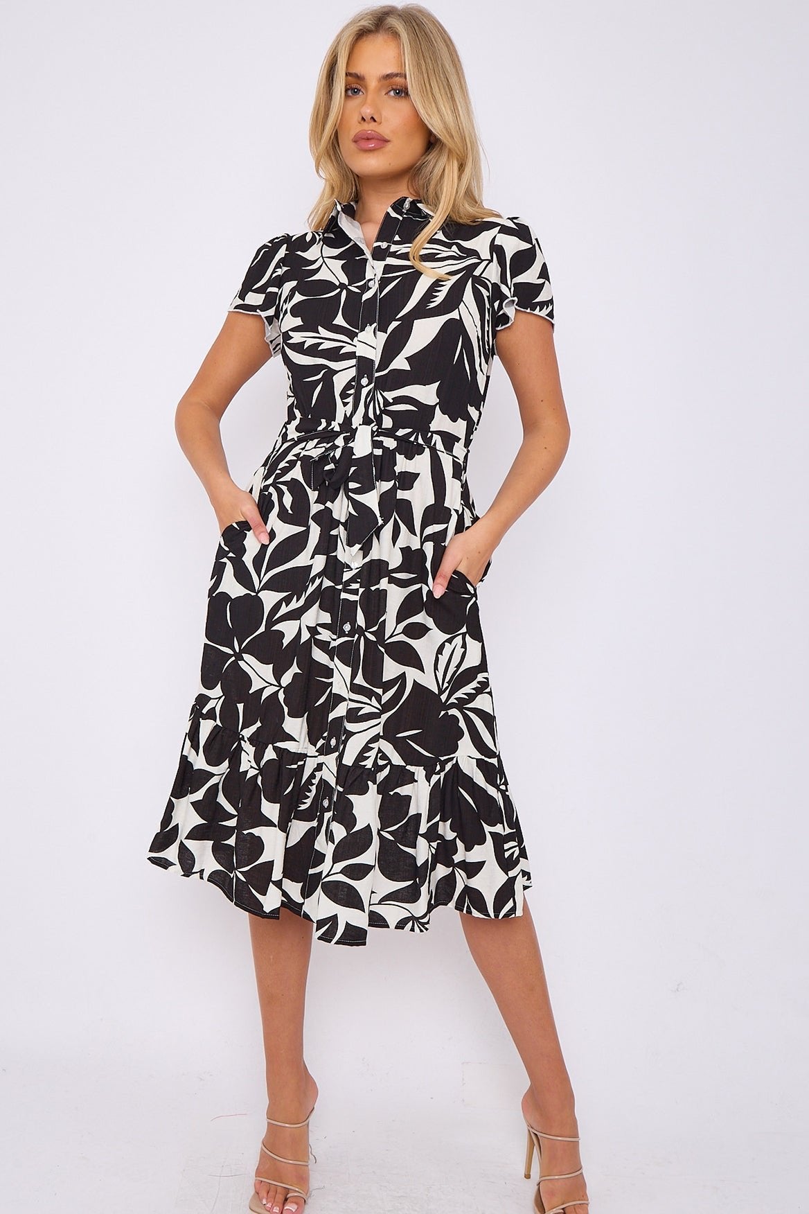 Black Leaf Printed Frilled Hem Midi Dress