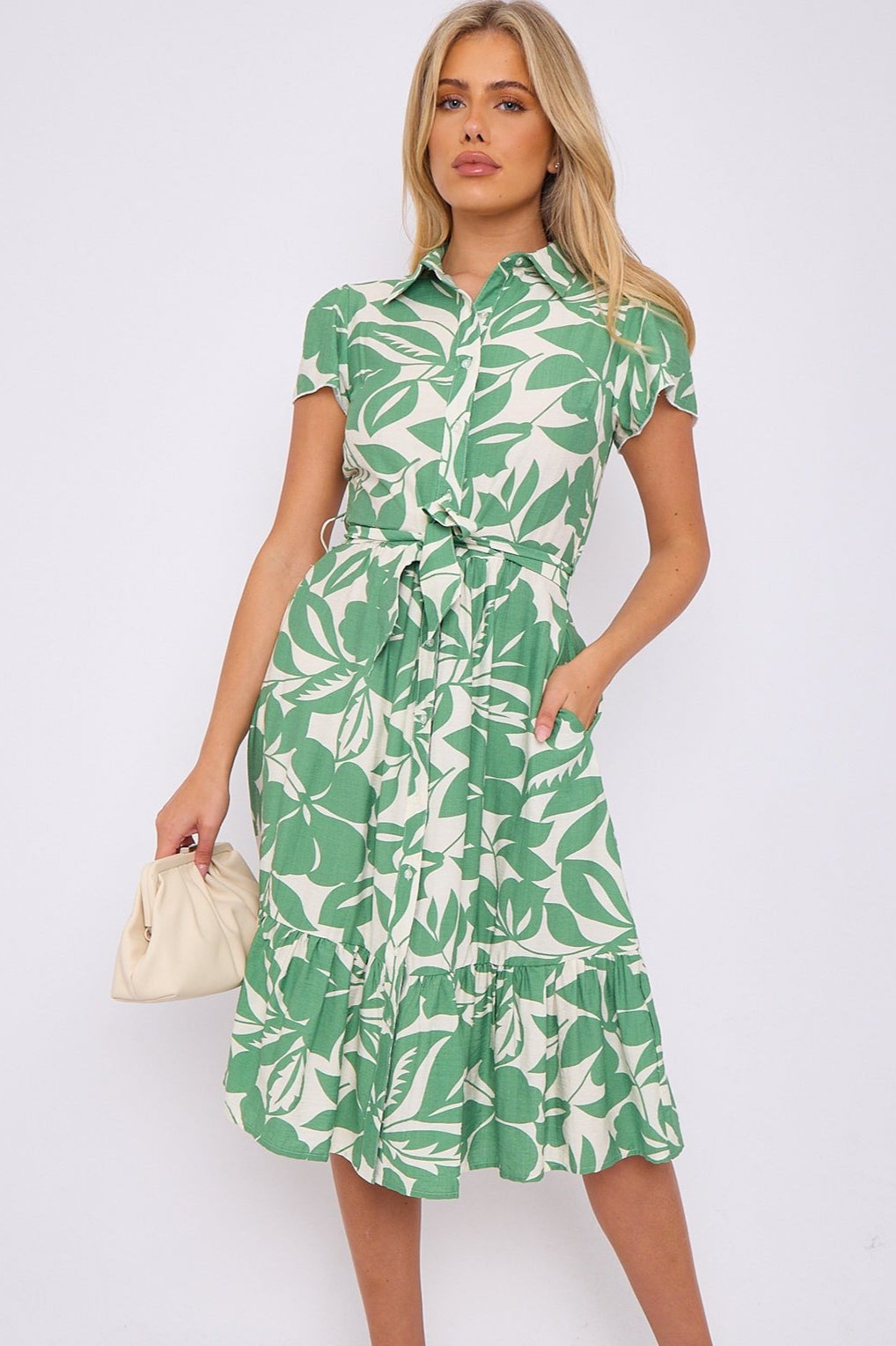 Green Leaf Printed Frilled Hem Midi Dress