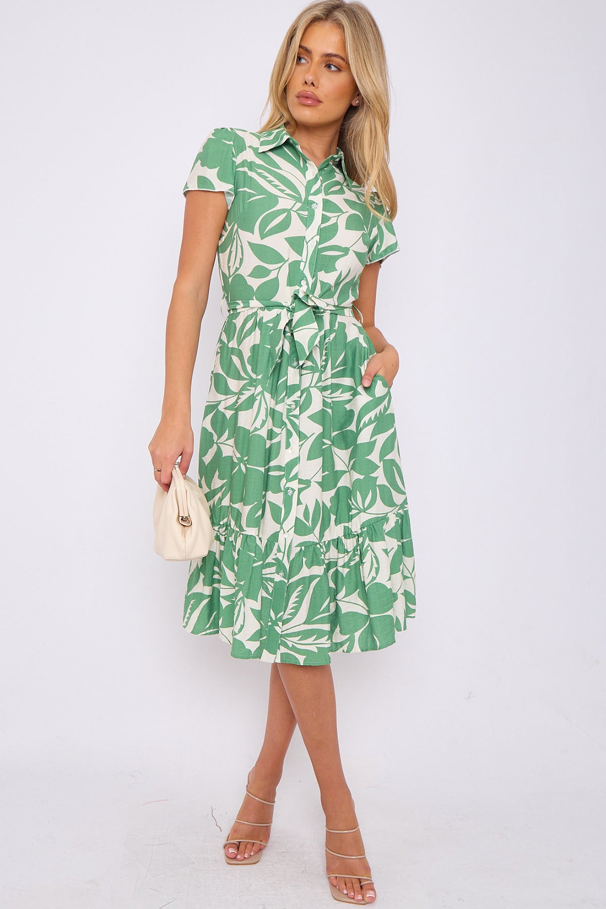 Green Leaf Printed Frilled Hem Midi Dress