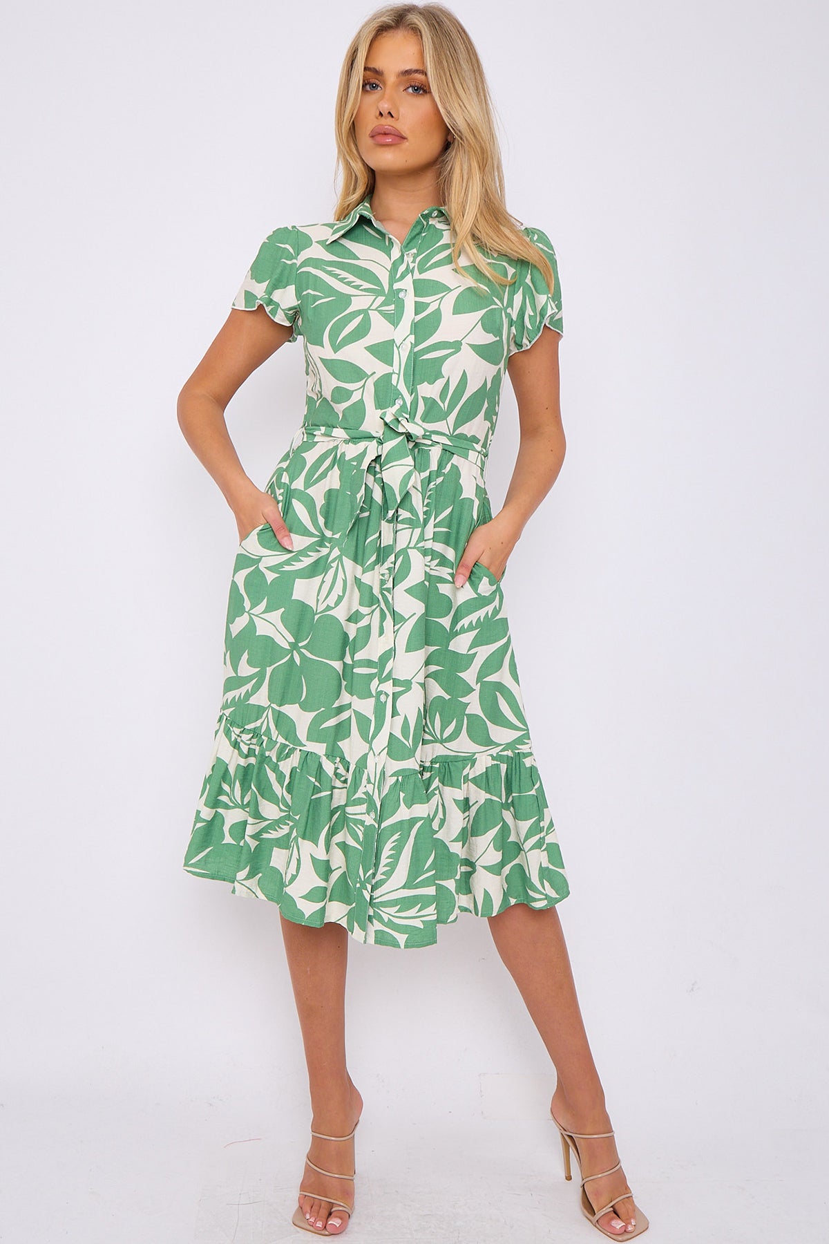 Green Leaf Printed Frilled Hem Midi Dress