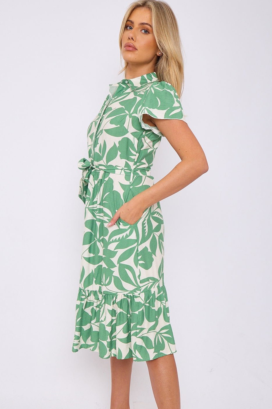 Green Leaf Printed Frilled Hem Midi Dress