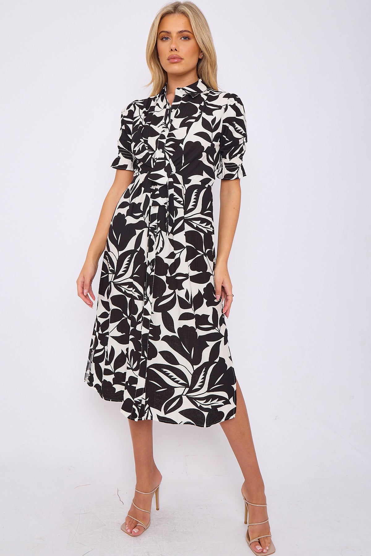 Black Floral Print Baloon Sleeve Knot Waist Midi Dress