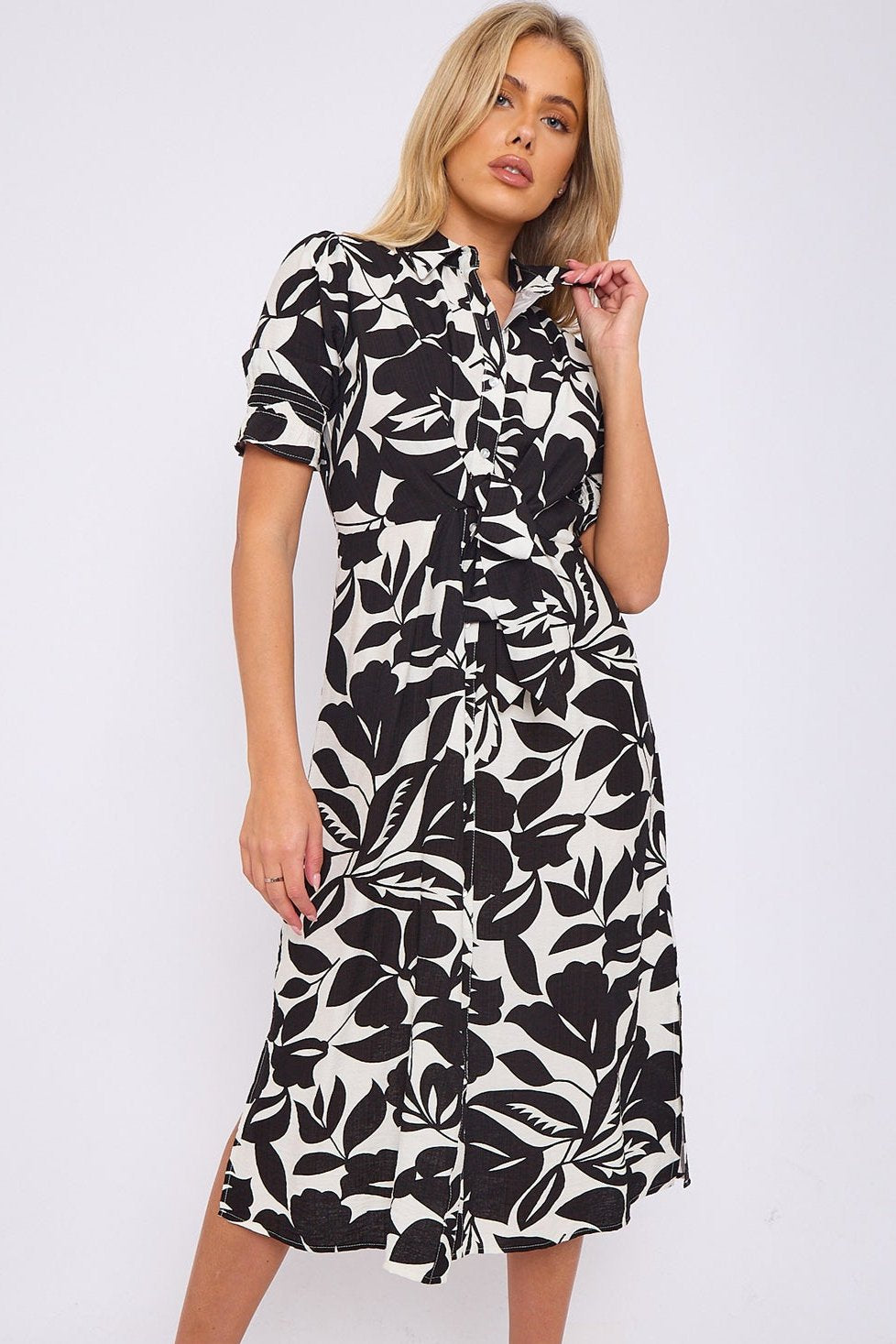 Black Floral Print Baloon Sleeve Knot Waist Midi Dress