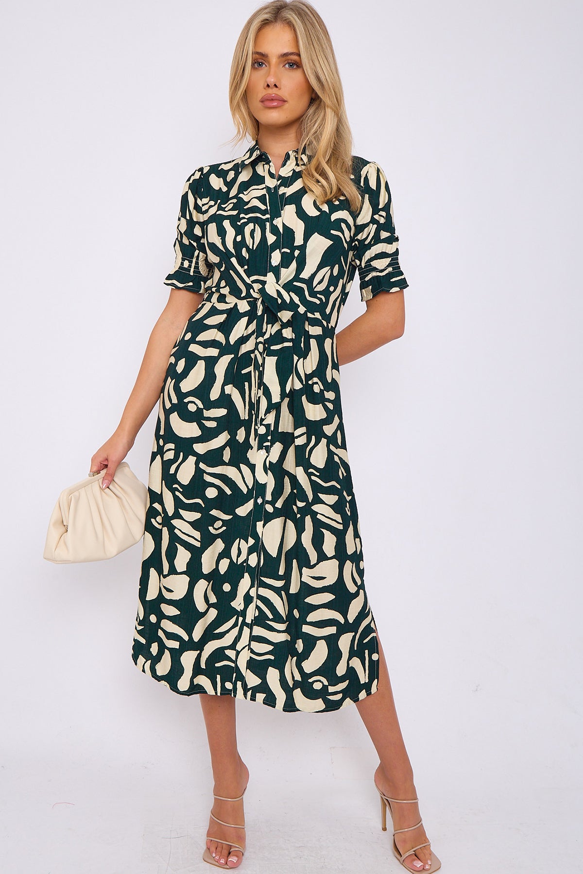 Emerald Abstract Print Short Sleeve Knot Waist Midi Dress