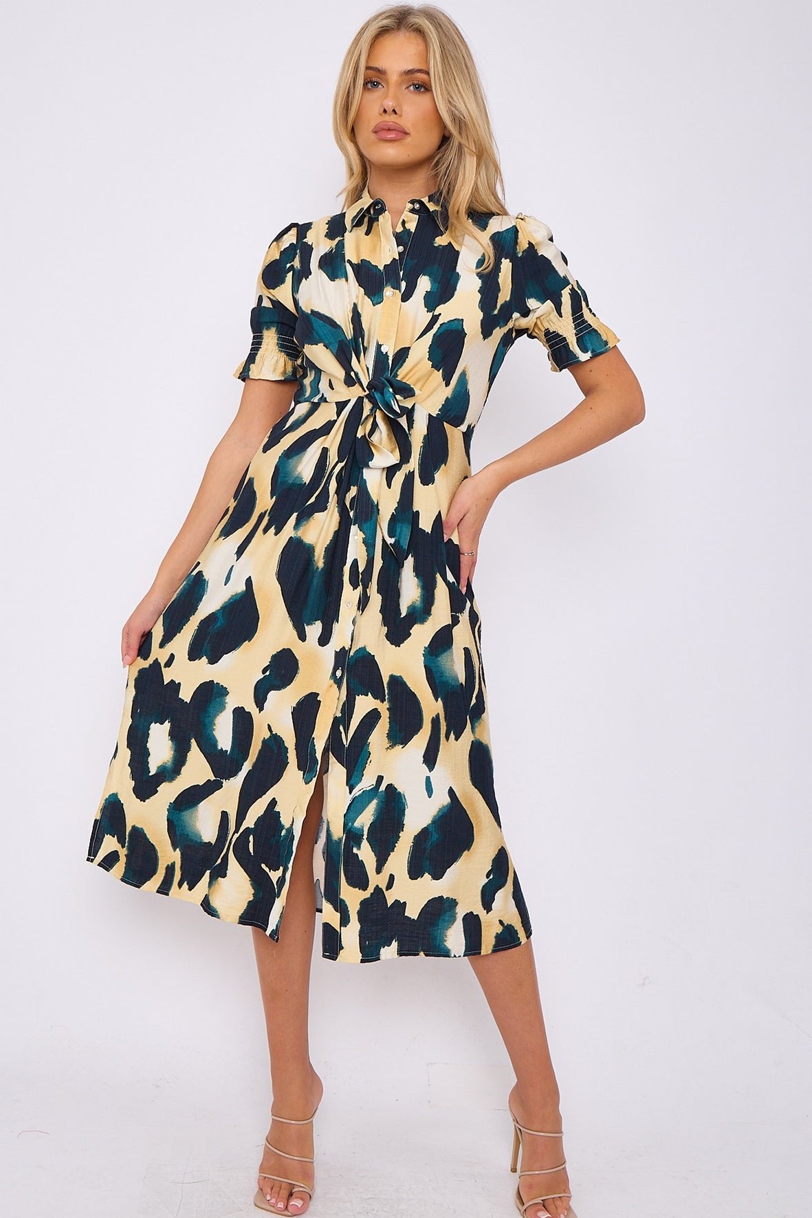 Emerlad Leopard Print Short Sleeve Knot Waist Midi Dress