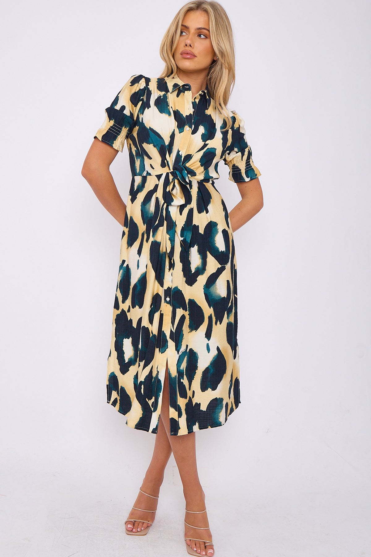 Emerlad Leopard Print Short Sleeve Knot Waist Midi Dress