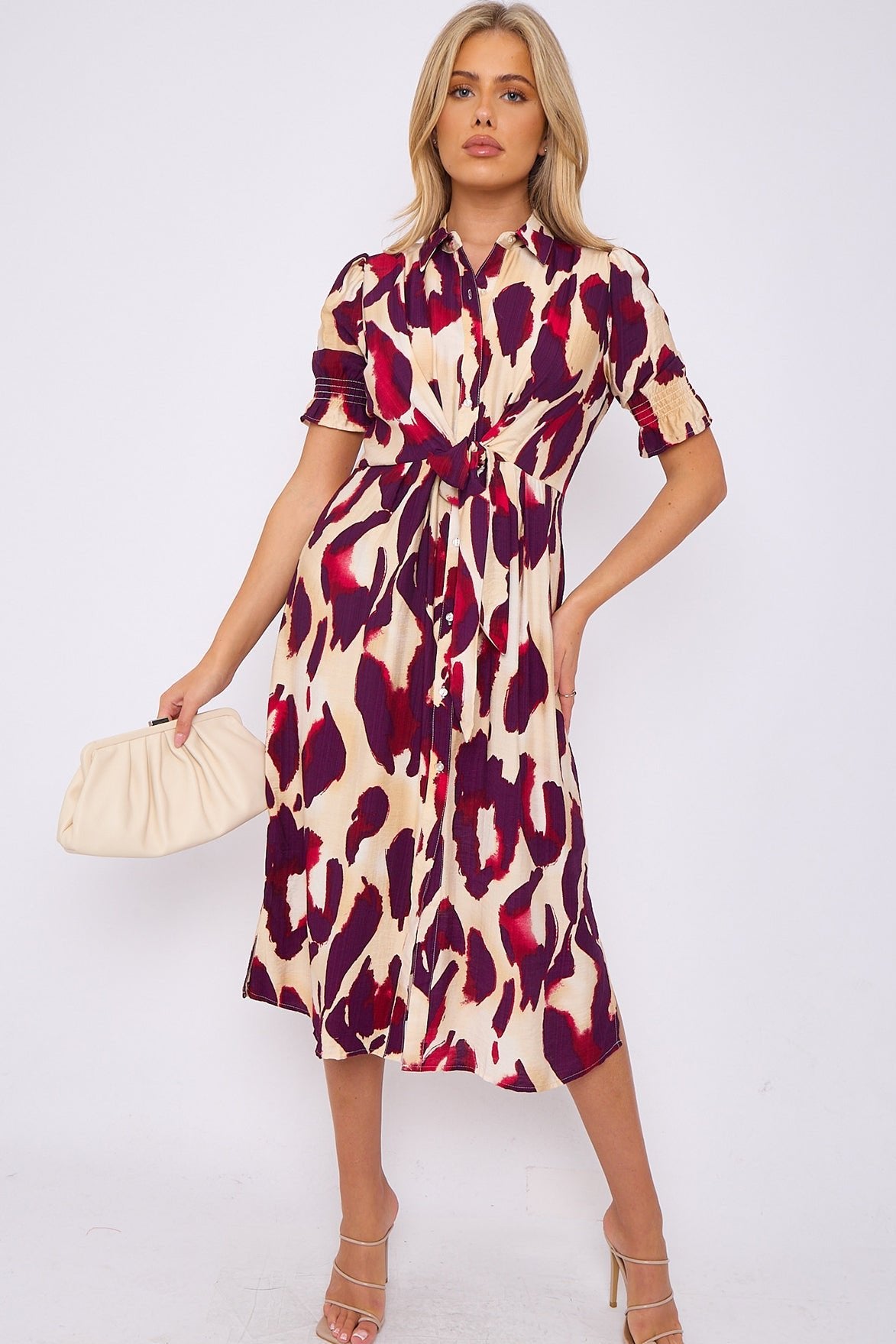 Deep Red Leopard Print Short Sleeve Knot Waist Midi Dress