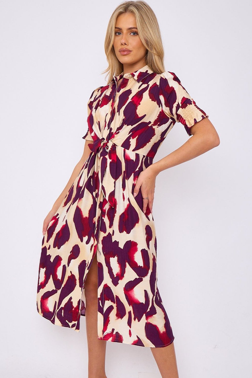 Deep Red Leopard Print Short Sleeve Knot Waist Midi Dress