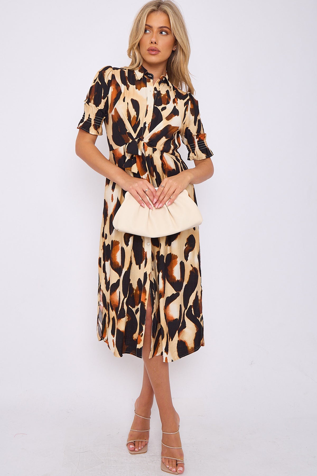 Brown Leopard Print Short Sleeve Knot Waist Midi Dress