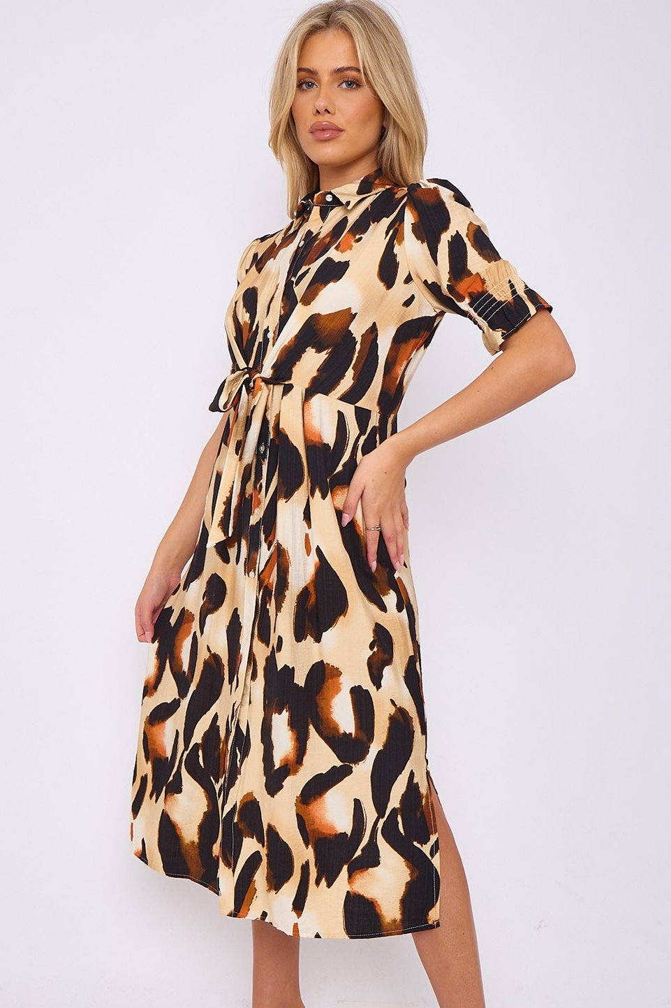 Brown Leopard Print Short Sleeve Knot Waist Midi Dress