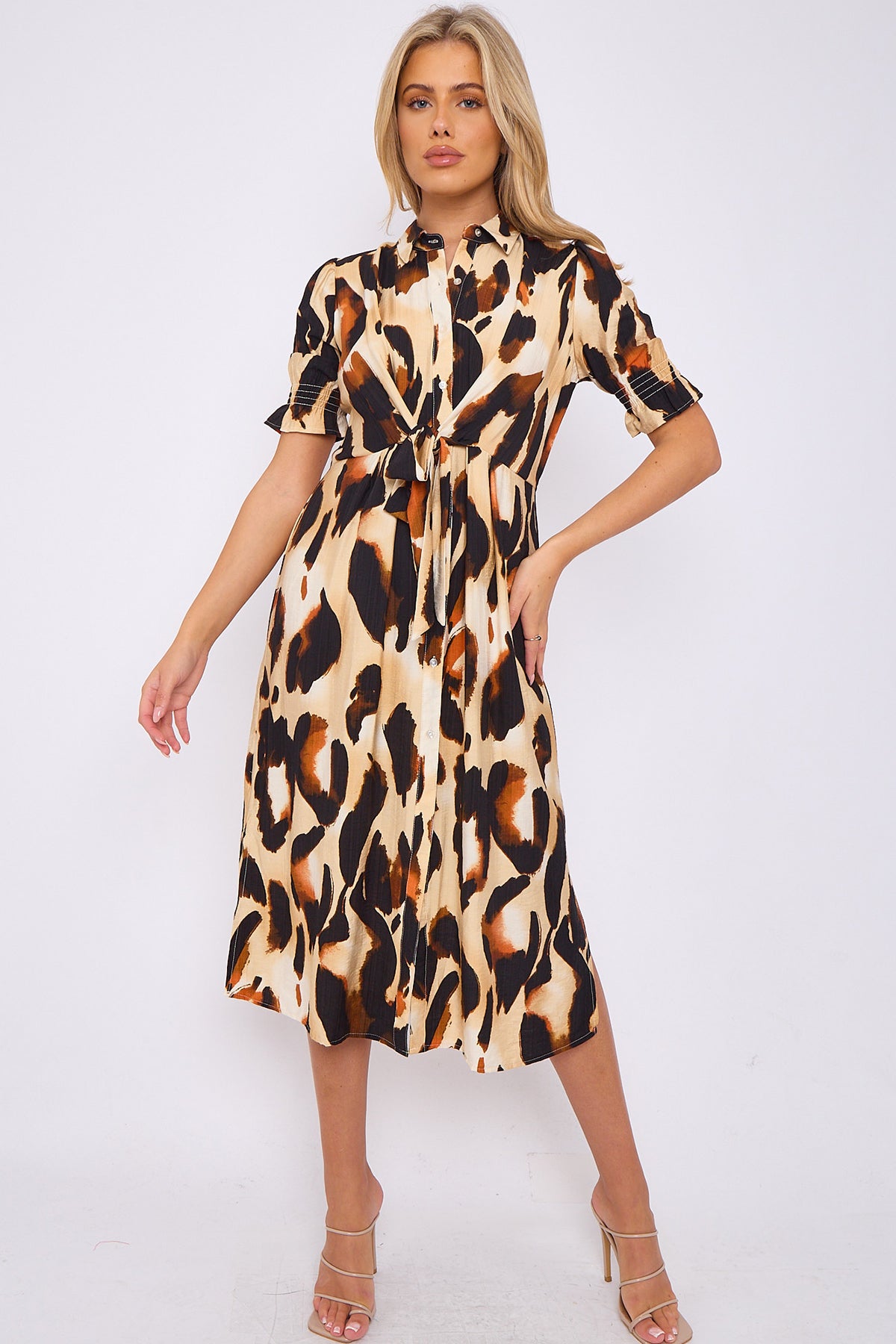 Brown Leopard Print Short Sleeve Knot Waist Midi Dress