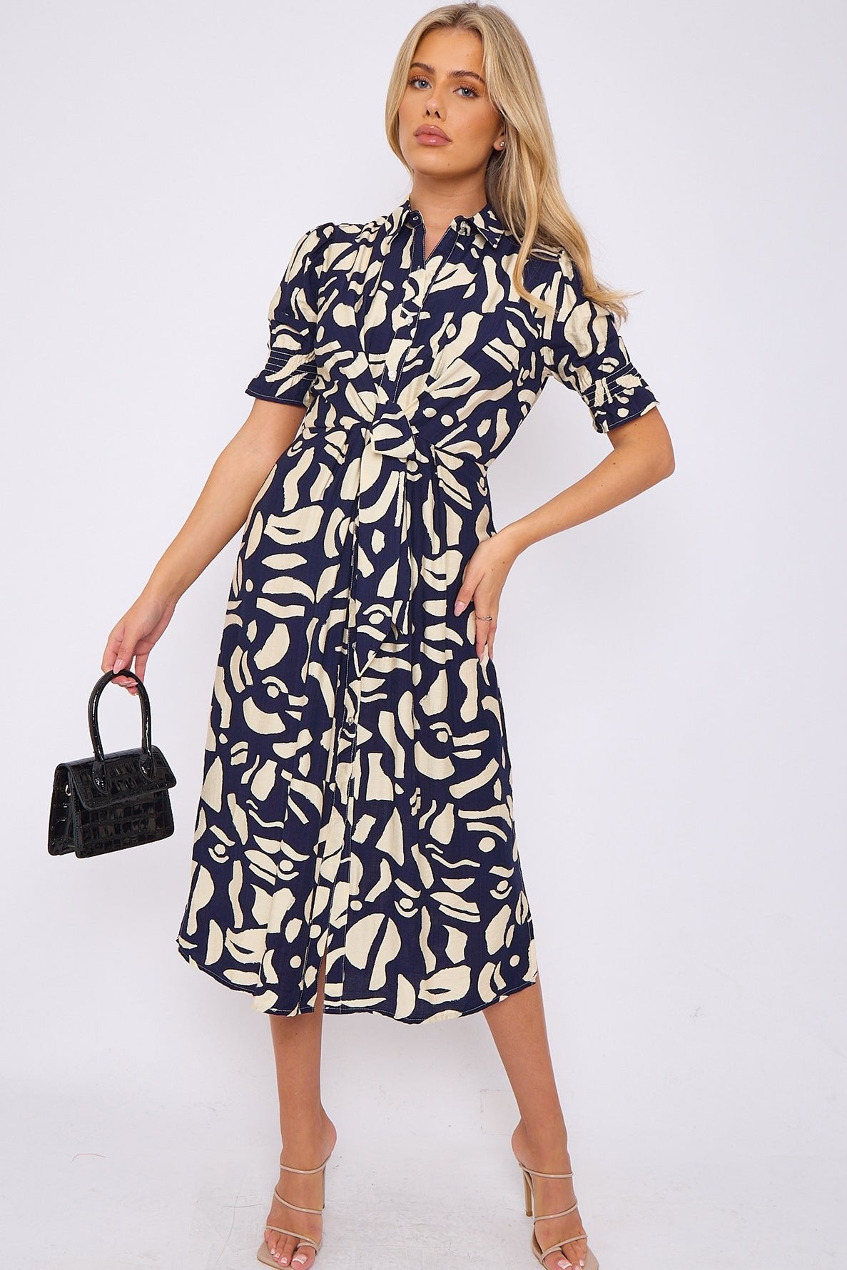 Navy Abstract Print Short Sleeve Knot Waist Midi Dress