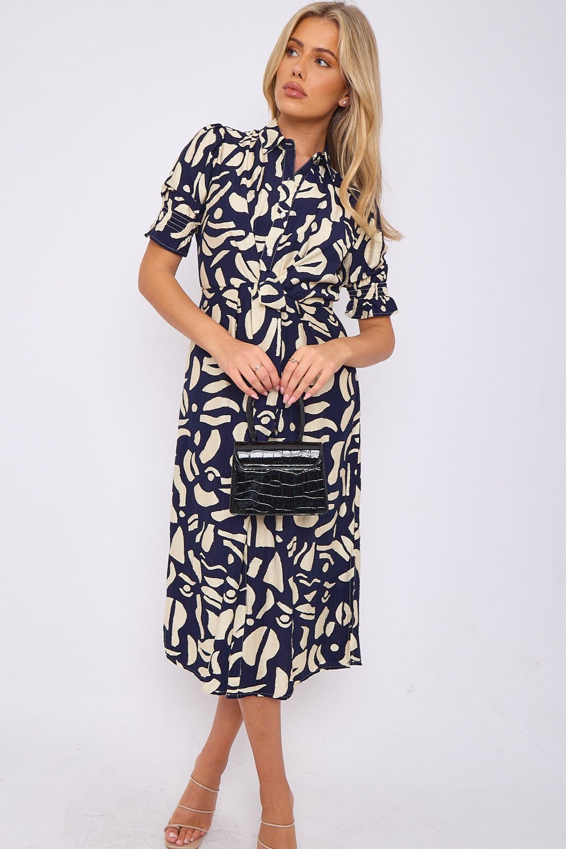 Navy Abstract Print Short Sleeve Knot Waist Midi Dress