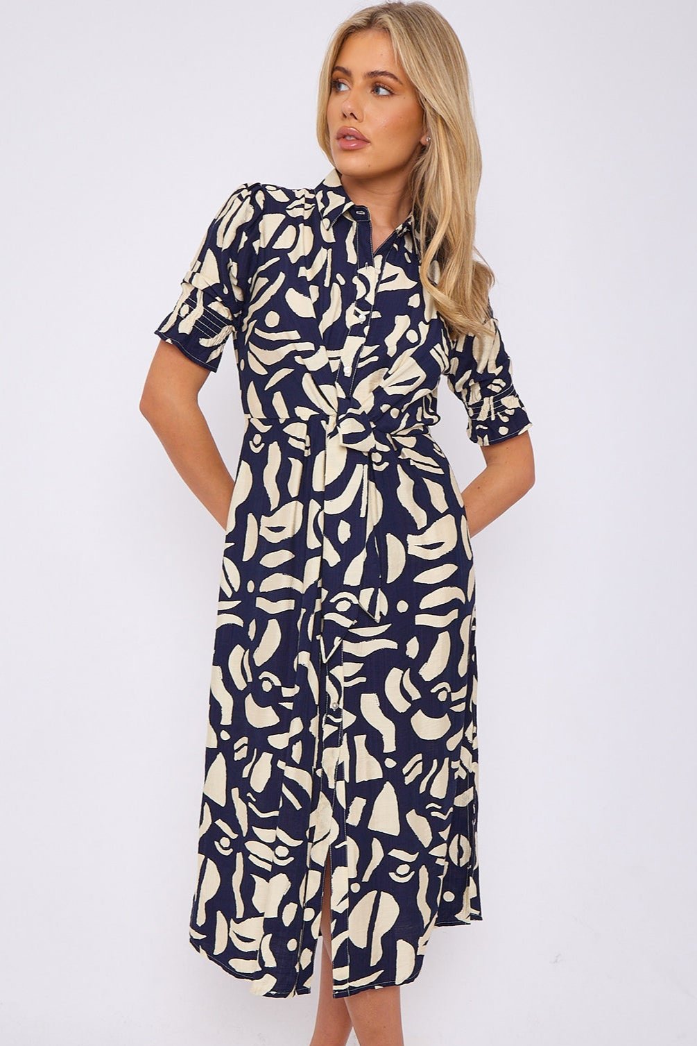 Navy Abstract Print Short Sleeve Knot Waist Midi Dress