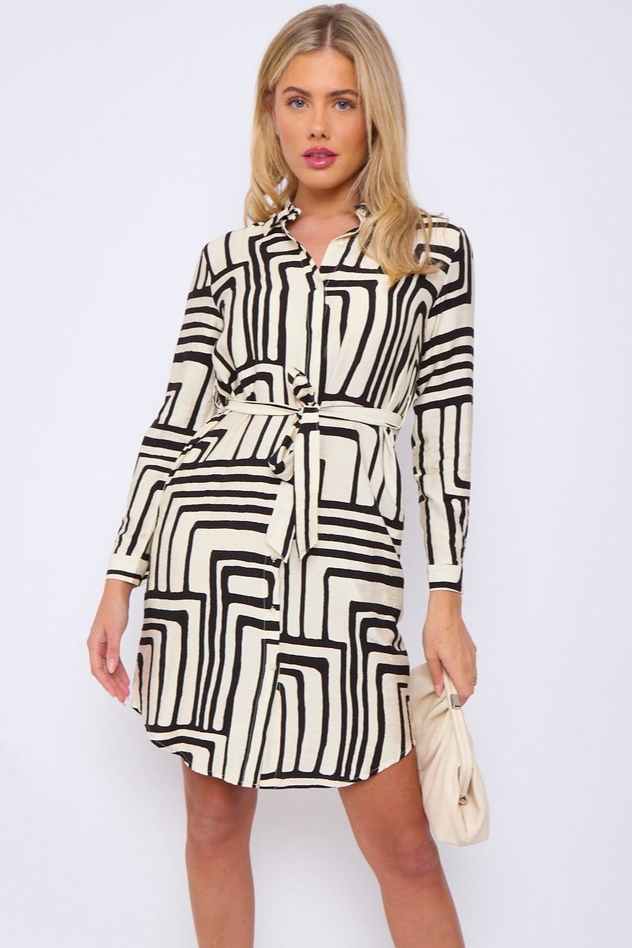 Mono Geometric Maze Print Mini Shirt Dress