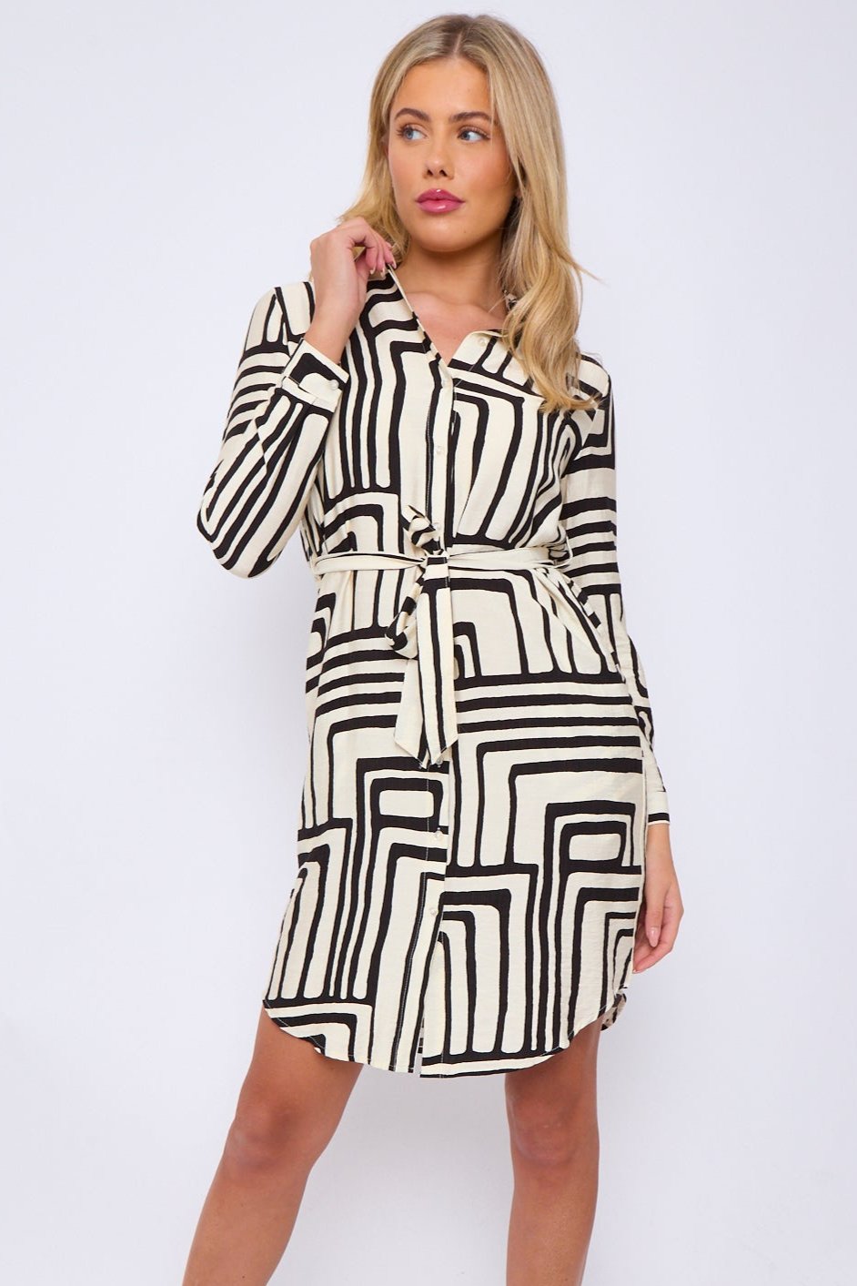 Mono Geometric Maze Print Mini Shirt Dress