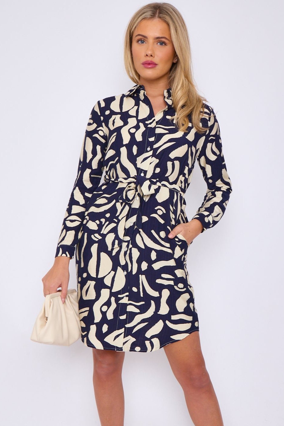 Navy and Cream Abstract Brushstroke Print Mini Shirt Dress