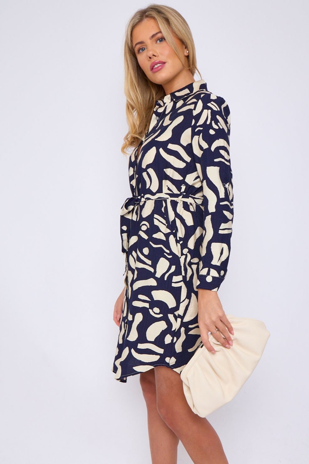 Navy and Cream Abstract Brushstroke Print Mini Shirt Dress