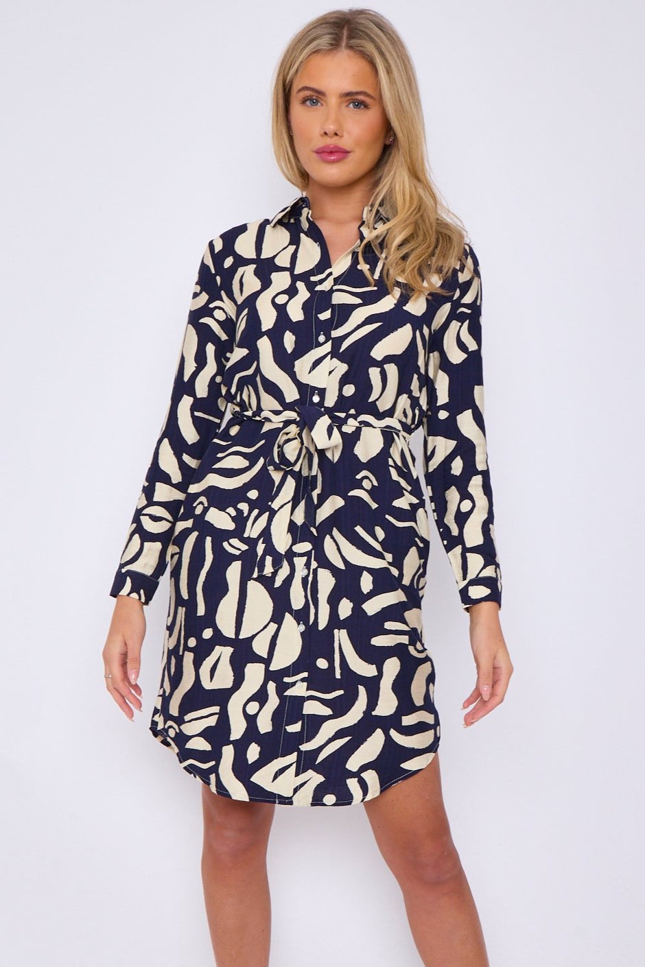 Navy and Cream Abstract Brushstroke Print Mini Shirt Dress