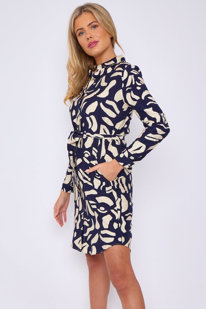 Navy and Cream Abstract Brushstroke Print Mini Shirt Dress