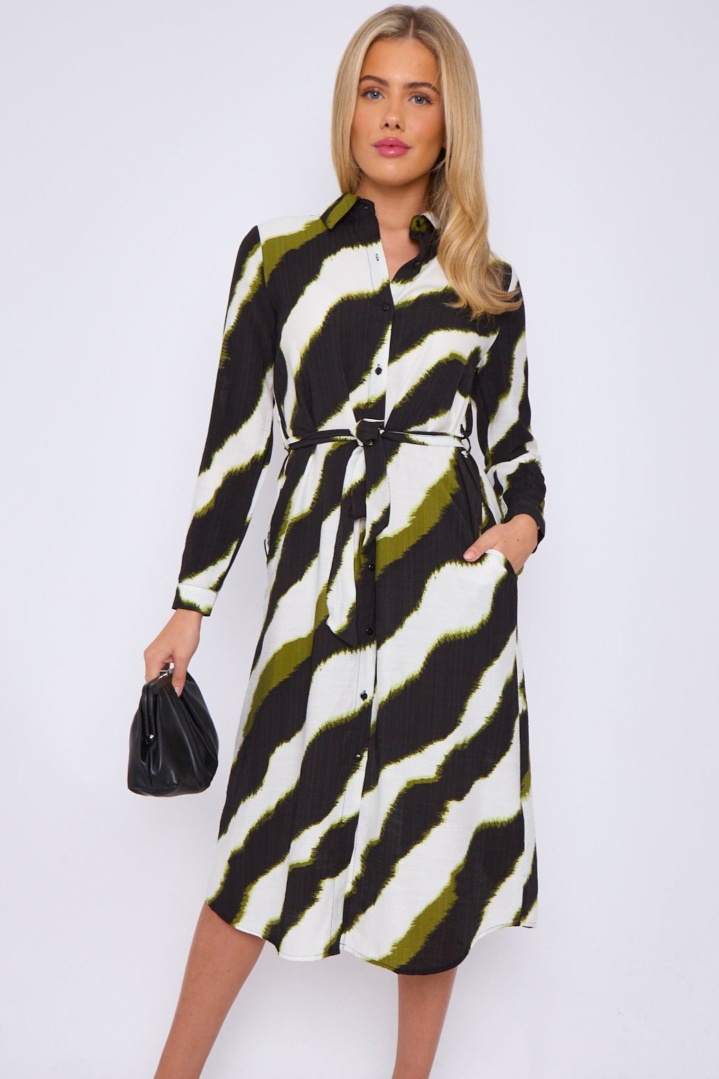 Green Brushstroke Print Linen Textured Midi Shirt Dress